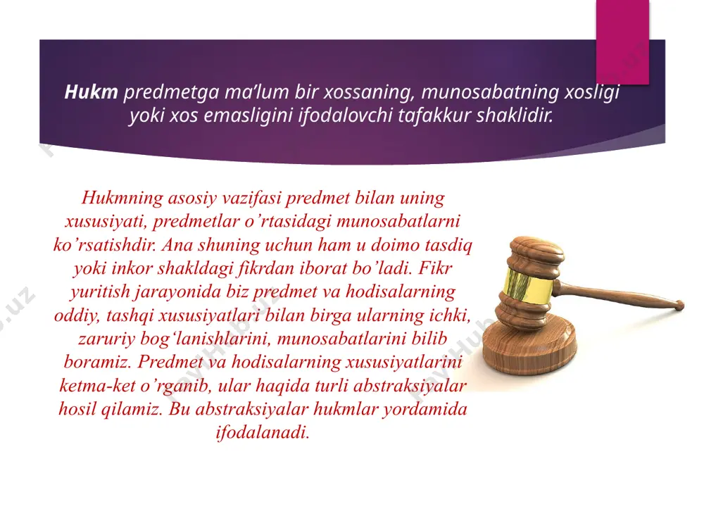 anadilar». bu hukmlar lotin alifbosidagi a harfi bilan belgilanadi va «hamma s-pdir» formulasi orqali ifodalanadi. 2. umumiy inkor hukmlar bir vaqtning o’zida ham umumiy, ham inkor bo’lgan fikrni ifodalaydi. masalan, «hech bir ishbilarmon rejasiz ish yuritmaydi». bu hukm»hech bir s-p emas» formulasi orqali ifodalanadi va lotincha e harfi bilan belgilanadi. 3. juz’iy tasdiq hukmlar bir vaqtning o’zida ham juz’iy, ham tasdiq bo’lgan fikrni ifodalaydi. masalan, «ba’zi talabalar mas’uliyatli». u lotincha i harfi bilan belgilanadi va «ba’zi s-p dir» formulasi orqali ifodalanadi. 4. juz’iy inkor hukm bir vaqtning o’zida ham juz’iy, ham inkor bo’lgan fikrni ifodalaydi. masalan, «ba’zi talabalar sport bilan shug’ullanmaydilar». uning formulasi «ba’zi s-p emas» bo’lib, lotincha o harfi bilan belgilanadi. predikatning mazmuniga ko’ra oddiy hukm turlari. ular qo’yidagilardan iborat: atributiv hukmlar, mavjudlik hukmlari va munosabat hukmlari. atributiv (sifat va xususiyat) hukmlarda biror xususiyatning predmetga xosligi yoki xos emasligi aniq, qat’iy qilib ko’rsatiladi. shuning uchun atributiv hukmlarni birorta predmetning …