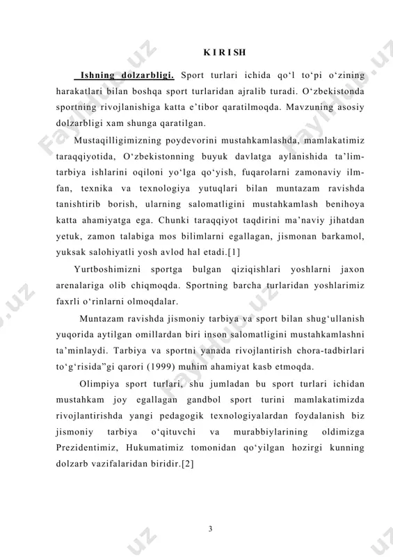 irish, kо‘p yillik sport mashg‘ulotlarida metod va vositalardan tо‘g‘ri foydalanish zarur xisoblanadi. qо‘l tо‘pi darslarining tarbiyaviy va sog‘lomlashtirish vazifalari umumiy о‘quv –tarbiyaviy ishlar rejasi bilan belgilanishi. bu shaxs fe’l –atvorining asosiy qirralari, jismoniy qobiliyatlarini tarbiyalash, sog‘liqni mustahkamlash hisoblanadi, lekin faqat о‘quvchi shaxsiga hamda uning organizmi funksiyalariga muntazam ta’sir kо‘rsatish bilangina ularni amalga oshirish mumkin bо‘lishi. bu vazifalar bir nechta darslar oldidan qо‘yiladi, aloxida mashg‘ulotda esa ular imkon qadar aniqlashtirilishi qо‘yida keng va ravon qilib yoritamiz. i.bob. yuqori sinf о‘quvchilariga gandbol darslarini о‘tkazish 1.1. darsni pedagogik jihatidan tashkil qilish qо‘l tо‘pi darslari boshqa jismoniy tarbiya darslari singari asosiy mashg‘ulot shakli hisoblanadi. darsda shug‘ullanuvchilar faoliyati о‘qituvchi tomonidan boshqariladi. bu jismoniy tarbiya jarayonini amalga oshirish uchun eng qulay sharoitlarni yaratadi. maktab sport tugaragidagi mashg‘ulotlar ham dars shaklida tashkil etiladi. dasturda belgilangan qо‘l tо‘pi darslarining umumiy о‘quv tarbiyaviy maqsadlari ma’lum bir davr о‘quv yili uchun ishlarni rejalashtirish paytida xususiy vazifalar tizimida aniqlashtiriladi. ish natijalari …