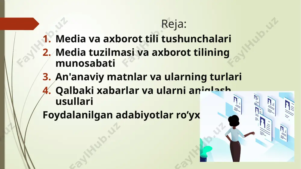 hish va taqdim etish uchun ishlatiladigan formal muhitdir. bu tilda ma'lumotlar, fikrlar va mazmunlar qayd etiladi va standartlarni o'z ichiga oladi. asosiy xususiyatlari formal so'zlash: axborot tili, rasmiy va aniq so'zlashga ega bo'ladi. standartlar: axborot tili, biror sohada standartlarni o'z ichiga oladi, uning bo'yicha qoidalar va tartiblar mavjud bo'ladi. to'g'ridan-to'g'ri va aniq ma'lumot: axborot tili, ma'lumotlarni to'g'ri, aniq va to'liq taqdim etishda qo'llaniladi. media va axborot tili bir-biri bilan integratsiyalangan bo'lib, media tuzilmasi va muhiti uchun axborotni taqdim etishda axborot tilining o'ziga xos xususiyatlardan foydalanadi. media va an'anaviy matnlar milliy adabiyotlar, atrof-muhit, jamiyatning tarixiy rivojlanishi, hikoyalar, qo'shiqlar, qissalar, ta'limotlar an’anaviy matnlar sirasiga kiradi. an'anaviy matnlar odatda turli o'qima va yozma shakllarida mavjud bo'ladi. media tuzilmasi va axborot tili o'rtasidagi aloqalar-axborotning taqdim etilish, unga o’zgartirish kiritish va tarqatilish jarayonlarida axborot tili va media tuzilmasining bir-biriga bog'liqliğini ifodalaydi. axborot tarqatish usullari yangiliklar, maqolalar, intervyular, reportajlar, reklama va marketing texnologiyalari. qalbaki ma’lumotlar fake …