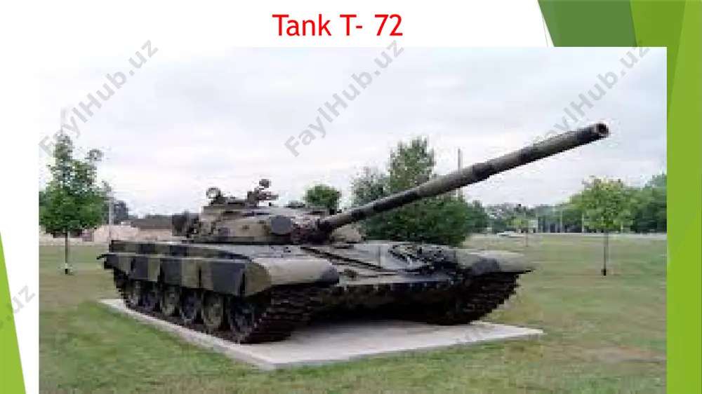 ali tank yaratishga kirishdilar. ishlab chiqish guruhining ushbu fidoyiligi va professionalligi tufayli t-72 tanki sovet texnologiyasining eng katta yutuqlaridan biriga aylandi. t-72 tankining dizayni !!! t-72 tankining dizayni o'zidan oldingi t-64 asosida ishlab chiqilgan, ammo bir qator muhim farqlar va yaxshilanishlarga ega edi. t-72 ni yaratishda dizaynerlar zirh, dvigatel kuchi, qurol va tankning umumiy ergonomikasiga alohida e'tibor berishdi. t-72 tankining asosiy dizayn xususiyatlaridan biri uning korpusidir. u t-64 bilan solishtirganda uzaytirildi va balandligi oshirildi, bu yanada kuchli dvigatel va ekipajni yaxshiroq himoya qilish imkonini berdi. tankni himoya qiluvchi zirh plitasining mustahkamligini oshirish uchun keramika va shisha tolali maxsus kompozit materiallar ishlatilgan. t-72 tankining minorasi janglarda ko‘rinish (kuzatish)va samaradorlikni oshirish uchun qayta ishlangan. u yangi o't ochish tizimlari bilan jihozlangan, bu esa nishonlarni urishning aniqligini oshirgan. minora shuningdek, avtomatik o‘qlash tizimi bilan jihozlangan, bu esa o‘t ochish tezligini sezilarli darajada oshirgan. t-72 tankining eng muhim dizayn elementlaridan biri uning qurolidir. tankning …