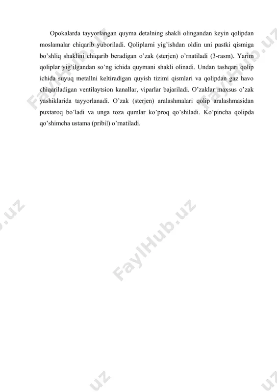 ylashishi mumkin. qoliplovchi qiyaliklar faqat sirtqi belgilarga qo’llaniladi. yuqoridagi belgilar uchun o’yiqlar 5-100; pastki belgilar uchun esa 3-70 olinadi [5]. 3 yog’ochdan yasalgan moslamalar yog’och moslamalarning o’tkir burchaklari o’yimi yelimlash, zamazkalash, plastmassa bilan profillash orqali o’yiqlanib (galtellanib) tayyorlanadi. quyma buyumga metall kesuvchi stanoklarda ishlov beriladigan joylarda mexanik ishlov berish uchun quyum (pripusk) ko’zda tutilgan. quyumning hajmi гост 26645-85 bo’yicha belgilanadi. yog’ochdan yasalgan moslamalar uch sinfga bo’linadi: birinchi sinf mahsulotlari ko’p seriyali ishlab chiqarishga mo’ljallangan va promodel uchun (moslamani tayyorlash uchun moslama) belgilangan 4-rasm. promodel uchun ikki marta kirishishni, moslamaning qotishmasini va quymaning kirishishini hisobga olish kerak. ikkinchi sinfda moslamalarning cheklangan sonida qolip tayyorlash uchun belgilangan. bu moslamalar uchun ishlatiladigan materiallarning sifatiga talab pastroq bo’ladi va moslamalarni olxa, archa, qarag’aydan ishlab chiqarsa bo’ladi. uchinchi sinfdagi moslamalar turli quymalar uchun mo’ljallangan. moslama materiali sifatida qarag’ay, qora qarag’ay va boshqalar bo’lishi mumkin. uchinchi sinf moslamalarini ishlatilgandan so’ng buzib tashlanadi. uchta sinfga bo’lingan puxtaligiga …