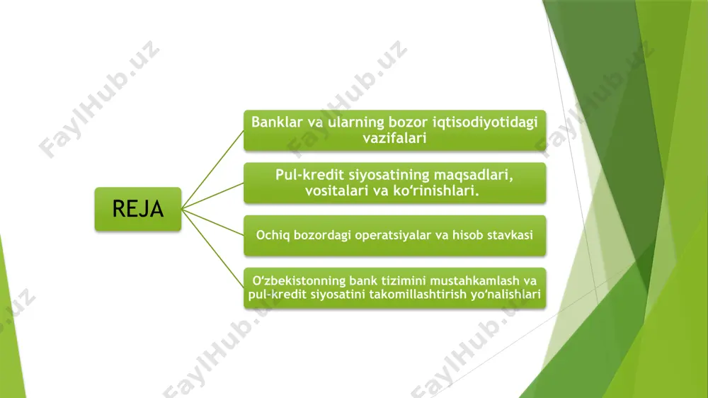 alaridan majburiy ravishda axborot, oylik hisobot va yillik yakuniy balans ma’lumotlarini taqdim etish asosida qatnashadi. kredit muassasalarining boʻysunishiga qarab bank qonunchiligi hamda kredit tizimining pastdan yuqoriga tomon tarkibiy tuzilishiga muvofiq tarzda bank tizimini ikki asosiy: bir bosqichli va ikki bosqichli turga ajratish mumkin. bir bosqichli bank tizimi doirasida barcha kredit muassasalari, jumladan, markaziy bank ham, yagona bosqichda turadi hamda mijozlarga kredit - hisob xizmati koʻrsatishda bir xil vazifalarni bajaradi. ikki bosqichli tizimda banklar oʻrtasidagi oʻzaro munosabatlar boʻyiga (vertikal) va eniga (gorizontal) yoʻnalishlarida tuzilishiga asoslanadi. vertikal – rahbarlik qiluvchi, boshqaruvchi markaz hisoblangan markaziy bank bilan quyi boʻgʻinlar – tijorat va ixtisoslashgan banklar oʻrtasidagi boʻysunish munosabatlari, gorizontal-turli quyi boʻgʻinlar oʻrtasidagi teng huquqli sheriklik munosabatlari tushuniladi. pul kredit siyosatini amalga oshirishning pirovard maqsadlari iqtisodiy oʻsish, toʻliq bandlikni, baholarning hamda toʻlov balansining barqarorligini ta’minlashdan iborat. bu maqsadlarga erishish uchun milliy valyutani muomaladagi pul massasi, foiz stavkasi va milliy valyuta almashinuv kursining optimal kattaliklarini ta’minlab …
