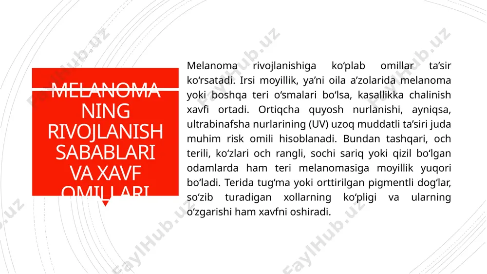tish uchun plastik rekonstruktiv operatsiyalar bajarilishi mumkin. jarrohlik muolajalar qanchalik erta va to‘liq bajarilsa, davolash natijalari shunchalik yaxshi bo‘ladi. davolash: radioterapiya va immunoterapiya radioterapiya—ba’zi hollarda, ayniqsa, o‘sma bo‘laklab olib tashlansa yoki yuqori xavfli metastazlarda qo‘llaniladi. ko‘pincha radiatsion terapiya yordamchi yoki simptomatik maqsadlarda ishlatiladi. immunoterapiya zamonaviy melanoma davolashining eng istiqbolli yo‘nalishlaridan biri hisoblanib, organizm o‘zining immun tizimi orqali o‘sma hujayralarini yo‘q qilishini rag‘batlantiradi. interferon alfa, interleykin-2, checkpoint inhibitörlari (masalan, ipilimumab, nivolumab, pembrolizumab) keng qo‘llanilmoqda. davolash: kimyoterapiya va maqsadli terapiya kimyoterapiya melanoma uchun cheklangan samaraga ega bo‘lsa ham, ayrim bosqichlarda va rezistent hollarda qo‘llaniladi. dacarbazine, temozolomide kabi vositalar ishlatiladi. maqsadli terapiya esa o‘smada aniqlangan molekulyar genetik o‘zgarishlarga qarshi mo‘ljallangan. misol uchun, braf, mek inhibitörlari (vemurafenib, dabrafenib, trametinib) ma’lum mutatsiyalari bo‘lgan bemorlarga buyuriladi. bu davolash usullari melanomaning ayrim turlarida natija beradi. adjuvant va neoadjuvant terapiya operatsiyadan oldin yoki keyin qo‘llaniladigan qo‘shimcha davolash usullari—neoadjuvant va adjuvant terapiya—o‘smadagi yashirin hujayralarni yo‘q qilish hamda kasallik qaytalanishining …
