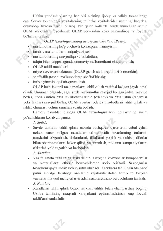 . rolap mahsulotlarida manba ma'lumotlar relyatsion ma'lumotlar bazalarida yoki fayl serveridagi tekis lokal jadvallarda saqlanadi. umumiy ma'lumotlar bir xil ma'lumotlar bazasidagi xizmat jadvallariga joylashtirilishi mumkin. ma'lumotlarni relyatsion ma'lumotlar bazasidan ko'p o'lchovli kublarga o'tkazish olap vositasi talabiga binoan sodir bo'ladi. 3. holap arxitekturasidan foydalanganda asl ma'lumotlar saqlanib qoladi munosabat asosiva agregatlar ko'p o'lchovli joylashtirilgan. olap kubik olap vositasi talabiga binoan relyatsion va ko'p o'lchovli ma'lumotlarga asoslanib qurilgan. keyingi tasnif olap mashinasining joylashishiga asoslangan. shu asosda olap mahsulotlari olap serverlari va olap mijozlariga bo'linadi: server olap vositalarida yig'ilgan ma'lumotlarni hisoblash va saqlash alohida jarayon - server tomonidan amalga oshiriladi. mijozlar dasturi faqat serverda saqlanadigan ko'p o'lchovli kublar bo'yicha so'rovlar natijalarini oladi. ba'zi olap serverlari ma'lumotlarni faqat relyatsion ma'lumotlar bazalarida, ba'zilari esa faqat ko'p o'lchovli ma'lumotlar bazalarida saqlashni qo'llab-quvvatlaydi. ko'pgina zamonaviy olap serverlari barcha uchta saqlash usullarini qo'llab-quvvatlaydi: molap, rolap va holap. olap mijozi boshqacha ishlaydi. ko'p o'lchovli kub qurish va olap hisob-kitoblari …