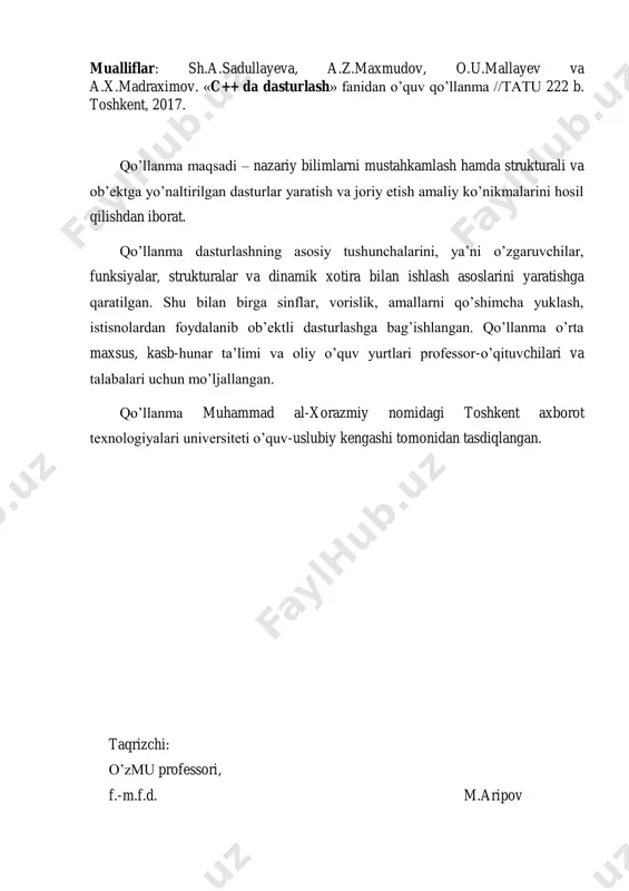 ........... 20 ii bob. asosiy ma’lumotlar bazasi ................................................... 25 2.1 o’zgaruvchilar ............................................................................................ 25 2.1.1 o’zgaruvchiga ta’rif ................................................................................. 25 2.1.2 sonlarning turi ......................................................................................... 25 2.1.3 o’zgaruvchilarning nomi ......................................................................... 26 2.1.4 o’zlashtirish operatori ............................................................................. 27 2.1.5 doimiylar ................................................................................................. 27 2.1.6 izohlar ...................................................................................................... 28 2.2 arifmetika ................................................................................................... 28 2.2.1 arifmetik amallar ..................................................................................... 28 2.2.2 ko’payuvchi va kamayuvchi ................................................................... 29 2.2.3 qoldiqsiz bo’linish va qoldiq ................................................................... 29 2.2.4 suzuvchi nuqtali sonlarni butun sonlarga aylantirish .............................. 30 2.2.5 darajalar va ildizlar.................................................................................. 30 2.3 ma’lumotlarni kiritish va chiqarish ............................................................ 31 2.3.1 kiritish ..................................................................................................... 31 2.3.2 formatlangan natijalar ............................................................................. 32 2.4 masalaning yechimi: dastlab uni qo’llar yordamida bajaring .................... 33 2.5 satrlar ...................