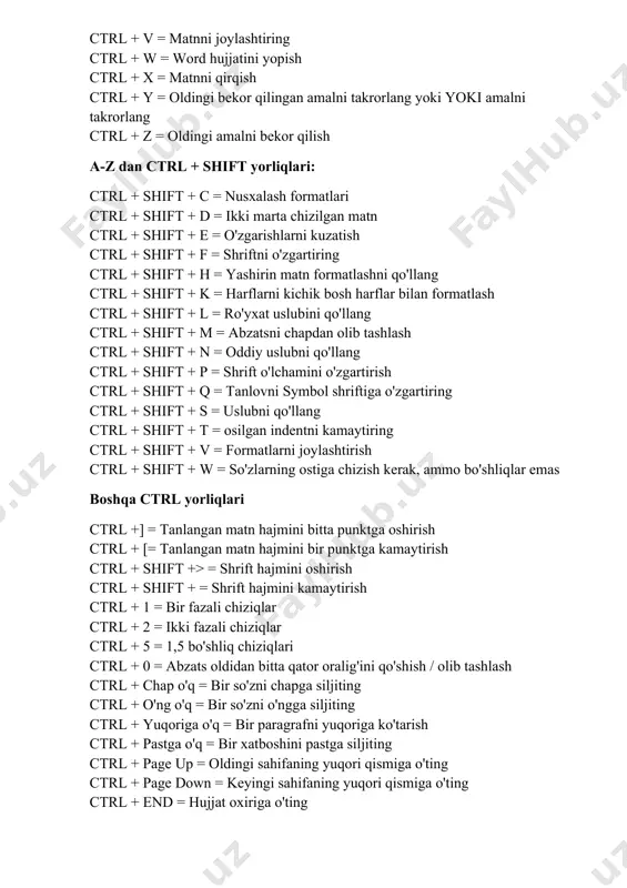 alni takrorlang ctrl + z = oldingi amalni bekor qilish a-z dan ctrl + shift yorliqlari: ctrl + shift + c = nusxalash formatlari ctrl + shift + d = ikki marta chizilgan matn ctrl + shift + e = o'zgarishlarni kuzatish ctrl + shift + f = shriftni o'zgartiring ctrl + shift + h = yashirin matn formatlashni qo'llang ctrl + shift + k = harflarni kichik bosh harflar bilan formatlash ctrl + shift + l = ro'yxat uslubini qo'llang ctrl + shift + m = abzatsni chapdan olib tashlash ctrl + shift + n = oddiy uslubni qo'llang ctrl + shift + p = shrift o'lchamini o'zgartirish ctrl + shift + q = tanlovni symbol shriftiga o'zgartiring ctrl + shift + s = uslubni qo'llang ctrl + shift + t = osilgan indentni kamaytiring ctrl + shift + v = formatlarni joylashtirish ctrl + shift + w = …