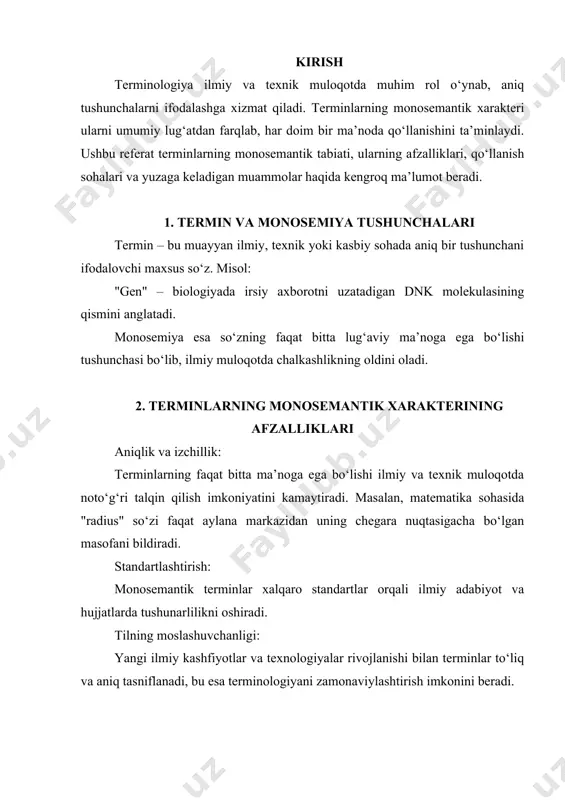 hlatiladi. huquqshunoslik: huquqiy hujjatlarda foydalaniladigan terminlarning aniq va bir ma’noli bo‘lishi qonunlarning noto‘g‘ri talqin qilinishining oldini oladi. masalan, "konstitutsiya" so‘zi faqat davlatning asosiy qonunini bildiradi. tibbiyot: tibbiy atamalarning yagona ma’noli bo‘lishi kasalliklar va davolash usullarini aniq ifodalash uchun muhimdir. misol: "anemiya" faqat qon tarkibidagi gemoglobin miqdorining kamayishini anglatadi. 4. monosemantik terminlar bilan bog‘liq muammolar tilning o‘zgarishi: vaqt o‘tishi bilan ba’zi terminlarning ma’nosi kengayishi yoki torayishi mumkin. bu holatda terminlarning dastlabki monosemantik xarakteri o‘zgarishi ehtimoli bor. polisemiyaning yuzaga kelishi: ba’zan terminlar turli kontekstlarda turlicha ma’no kasb etib, polisemantik (ko‘p ma’noli) bo‘lishi mumkin. bu esa ilmiy muloqotda noaniqlik keltirib chiqarishi mumkin. masalan, "tarmoq" so‘zi texnikada kompyuter tarmog‘ini, iqtisodiyotda esa sanoat tarmog‘ini anglatishi mumkin. madaniy va lingvistik farqlar: turli tillarda bir xil terminning turlicha talqin qilinishi muloqotda tushunmovchiliklarga sabab bo‘lishi mumkin. bu ayniqsa xalqaro ilmiy konferensiyalarda muhim ahamiyat kasb etadi. 5. terminlarning polisemantik vaziyatlari ba’zi hollarda ilmiy terminlar ham polisemantik bo‘lib qolishi mumkin: …