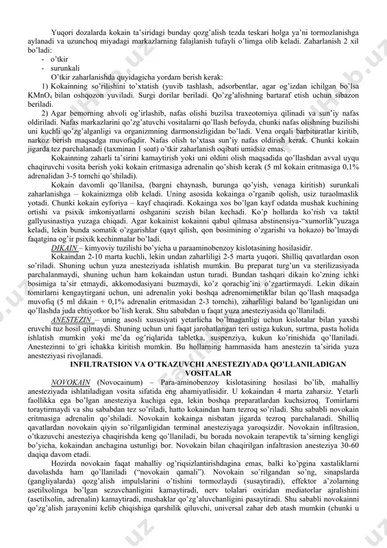 ir etishlari mumkin: · afferent nerv oxirlarini (yoki reseptorlar) sezgirligini pasaytiradi (susaytiradi); · sezuvchi nerv oxirlarini tashqi ta’sirotlardan (yoki qo’zg’alishdan) himoyalaydi yoki muhofaza qiladi; · afferent nerv tolalari bo’yicha o’tadigan yoki o’tkaziladigan qo’zgalish impulsini susaytiradi. bu guruh dorilariga anestetiklar, burishtiruvchi, o’rab oluvchi, adsorbstiyalovchi vositalar kiradi. anestetiklar (an - yo`qotish, esthesis - sezuvchanlik) ular og’riqsizlantiruvchi, mahalliy sezuvchanlikni yo’qotuvchi moddalar bo’lib, bunday dori vositalari mahalliy og’riqsizlantirishda qo’llaniladi. ma’lumki, ko’p xastaliklar turli xildagi og’riq bilan kechadi. chunki yallig’lanish mediatorlari nerv oxirlarini qitiqlaydi. og’riq organizmning kuchli fizik, mexanik, ximik, biologik tabiatli ta’sirotlarga bo’lgan murakkab reaksiyalaridir. og’riqni yo`qotish davolash samaradorligini ta’minlovchi asosiy vosita hisoblanadi va uni umumiy (narkoz) hamda mahalliy og’riqsizlantiruvchi dorilar qo’llash bilan amalga oshirish mumkin. anestetik moddalar faqat mahalliy sezuvchanlikni keskin susaytiradilar va birinchi navbatda og’riq sezishni, keyinchalik esa (ya’ni anesteziya chuqurlashgach) haroratni sezish va eng oxirida taktil sezgirlikni qoldiradilar. anestetiklarning ta’sir mexanizmi oxirigacha aniqlanmagan bo’lib, quyidagicha taxmin qilinadi: · nerv oxirlariga ta’sir …