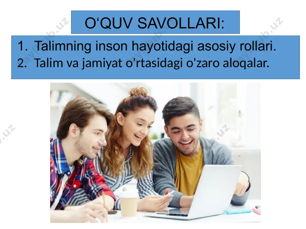 oli bilim olishdir. insonning aqliy salohiyatini rivojlantirish, yangiliklarni o‘rganish, kasb-hunarni o‘rganish ta’limning asosiy vazifalaridan biridir. bilimlar odamni turli xil masalalarni hal qilishda yordam beradi va uning dunyoqarashini kengaytiradi. bunda bilim olish nafaqat amaliy, balki nazariy bilimlarni ham o‘z ichiga oladi. misol uchun, ilm-fan va texnologiyalar sohasida o‘z bilimini oshirgan inson yangi texnologiyalarni yaratishga, ilmiy tadqiqotlar olib borishga, yangi dori-darmonlarni topishga imkoniyat yaratadi. shuningdek, kasb-hunarni o‘rganish orqali odamlar malakali ishchilar bo‘lib, o‘z sohalarida samarali faoliyat ko‘rsatishlari mumkin. ta’lim nafaqat bilim olishni, balki axloqiy va ma’naviy qadriyatlarni ham o‘rgatadi. maktabda va oliy ta’lim muassasalarida o‘qish jarayonida yoshlar odob-axloq, adolat, hurmat, mehnatsevarlik va vatanparvarlik kabi fazilatlarni o‘rganadilar. axloqiy jihatdan rivojlangan shaxslar jamiyatda o‘zini hurmat qiladi va boshqalarga ham hurmat ko‘rsatadi. ular jamiyatda ijtimoiy barqarorlikni saqlashga, adolatni ta’minlashga va boshqalar bilan hamkorlikda ishlashga yordam beradi.misol uchun, bir inson ta’lim orqali boshqa odamlar bilan ishlash, muammolarni tinch yo‘l bilan hal qilish, odamlarni birlashtirish kabi qobiliyatlarni …