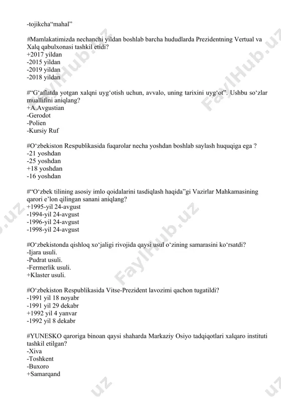 -1991-yil 4-yanvar -1993-yil 4-yanvar -1995-yil 4-yanvar #viloyatlar hokimlari va toshkent shahar hokimi kim tomonidan tayinlanadi va lavozimidan ozod qilinadi? +prezident -hokimlar -vazirlar mahkamasi -oliy majlis #qachon o‘zbekiston respublikasi prezidenti farmoni bilan “zulfiya” nomidagi davlat mukofoti ta’sis etildi? +1999- yil 10- iyun -1996-yil 26- aprel -1995- yil 22- dekabr -1995- yil may #viloyat, tuman va shahar hokimlarining qarorlari qaysi kengash tomonidan tasdiqlanadi? +xalq deputatlar -oliy majlis -vazirlar mahkamasi -viloyat hokimlari #toshkent islom universiteti qachon tashkil etilgan? -1997- yil +1999- yil -1998- yil 1994- yil #dunyodagi eng nufuzli nashrlardan biri “ekonomist jurnali” 2019-yilda o‘zbekistonni ..... -“iqdisodiy o‘sish” deb e’tirof etdi. -“rivojlangan davlat” deb e’tirof etdi. +“yil mamlakati” deb e’tirof etdi. -“iqdisodiy sog‘lom” deb e’tirof etdi. #mamlakatimizda uyg‘urlarning qanday milliy bayrami nishonlanmoqda? +sayil -soller -sabanto‘y -chunuze #o‘zbekistonda 1997- yilda qaysi shaharlarning 2500 yilligi nishonlangan edi? +buxoro, xiva -marg‘ilon, termiz -toshkent, buxoro -samarqand, toshkent #o‘zbekistonda eng keyin tashkil topgan siyosiy partiyani aniqlang? -milliy tiklanish …