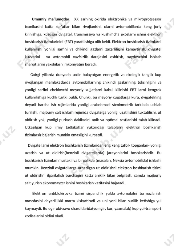 ni deyarli ikki marta kiskartiradi va uni yoni bilan surilib ketishiga yul kuymaydi. bu ogir obi-xavo sharoitlarida(yomgir, kor, yaxmalak) kup yul-transport xodisalarini oldini oladi. elektron boshkarish tizimi kushimcha jixozlardan oynatozalagich, burilish relesi, avtomobil darakchilari va konditsionerlarni ishini xam boshkaradi. benzinli dvigatellarda yonilgi uzatilishini elektron boshkarish tizimi. xo-zirgi kunda benzinli dvigatellarda tadbik topgan yonilgi uzatilishining elektron boshkarish tizimining ikki turi mavjud: yonilgini purkash (bevosita yonish kamerasiga yoki kiritish yuliga) va elektron boshkaruvli karbyuratorlar tizimi. bu ebt lari maxsus dastur yordamida boshkarilishi yoki avtomatik moslashuv tamoillari asosida ishlashi mumkin. yonilgini bevosita yonish kamerasiga purkash tizimi ishlatiladigan jixozlarni murakkabligi sababli amalda ishlatilmaydi. xozirgi zamon avtomobillarida yonilgi uzatilishini elektron boshkarish tizimlaridan eng keng tarkalgani - yonilgini dvigatel silindrlarining kirish yuliga purkash tizimidir. maxsus tuzilgan dastur yordamida yonilgini purkashni elektron boshkarish tizimining asosiy elementi - mikroprotsessor bulib, u oldindan belgilangan dastur buyicha injektorlarni ishini boshkaradi. yonilgi purkashni elektron boshkarish tizimi kuyidagicha ishlaydi. elektr yonilgi nasosi …