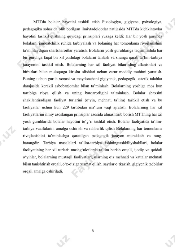 ivojlanishini ta’minlaydigan shartsharoitlar yaratish. bolalarni yosh guruhlariga taqsimlashda har bir guruhga faqat bir xil yoshdagi bolalarni tanlash va shunga qarab ta’lim-tarbiya jarayonini tashkil etish. bolalarning har xil faoliyat bilan shug‘ullanishlari va birbirlari bilan muloqotga kirisha olishlari uchun zarur moddiy muhitni yaratish. buning uchun guruh xonasi va maydonchani gigiyenik, pedagogik, estetik talablar darajasida kerakli asbobanjomlar bilan ta’minlash. bolalarning yoshiga mos kun tartibiga rioya qilish va uning barqarorligini ta’minlash. bolalar shaxsini shakllantiradigan faoliyat turlarini (o‘yin, mehnat, ta’lim) tashkil etish va bu faoliyatlar uchun kun 229 tartibidan ma‘lum vaqt ajratish. bolalarning har xil faoliyatlarini ilmiy asoslangan prinsiplar asosida almashtirib borish mttning har xil yosh guruhlarida bolalar hayotini to‘g‘ri tashkil etish. bolalar faoliyatida ta’lim-tarbiya vazifalarini amalga oshirish va rahbarlik qilish bolalarning har tomonlama rivojlanishini ta’minlashga qaratilgan pedagogik jarayon murakkab va rang-barangdir. tarbiya masalalari ta’lim-tarbiya ishiningtashkiliyshakllari, bolalar faoliyatining har xil turlari: mashg‘ulotlarda ta’lim berish orqali, ijodiy va qoidali o‘yinlar, bolalarning mustaqil faoliyatlari, ularning o‘z mehnati …