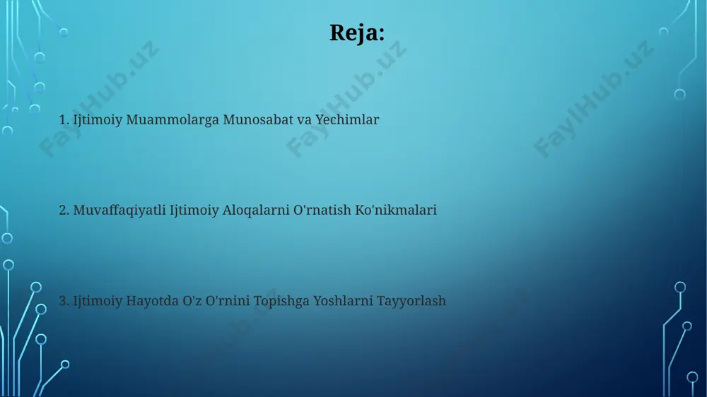 oid bilimlarni oshirish maqsadida toshkent shahrida o'tkazilgan 500 nafar o'smir qatnashgan tadqiqotlar shuni ko'rsatdiki, meva va sabzavotlarni iste'mol qilish darajasi tavsiya etilgan norma (kuniga 5 marta) dan ancha past, atigi 15% yoshlar bu norma ga rioya qiladi. yoshlarda ijtimoiy hayotga moslashish ko'nikmalarini shakllantirish yosh avlodning 70% dan ortig'i samarqanddagi maktablarda ijtimoiy ko'nikmalarni rivojlantirish dasturlariga jalb etilishi kerak, chunki bu ularning kelajakdagi muvaffaqiyatlariga sezilarli ta'sir ko'rsatadi. o'zbekistonning 5 ta yirik shahrida o'tkazilgan tadqiqotlar shuni ko'rsatdiki, ijtimoiy tarmoqlardan oqilona foydalanishni o'rgatish yoshlarning ijtimoiy hayotga moslashishiga ijobiy ta'sir qiladi. o'z-o'zini anglash va o'ziga ishonchni rivojlantirish o‘z-o‘zini anglashni rivojlantirishda, 12-16 yoshli o‘smirlarda o‘z kuchlariga ishonch hosil qilish uchun sport, san’at yoki boshqa faoliyat turlarida kamida 2 soat vaqt ajratish tavsiya etiladi. o‘ziga bo‘lgan ishonchni oshirish uchun, 5-10 yoshgacha bo‘lgan bolalarga samarqanddagi kabi bolalar bog‘chalarida ijtimoiy ko‘nikmalarni rivojlantirishga qaratilgan maxsus dasturlarni qo‘llash muhim. jamoada ishlash va hamkorlik qilish andijondagi "yosh liderlar" dasturida ishtirok etgan 100 …