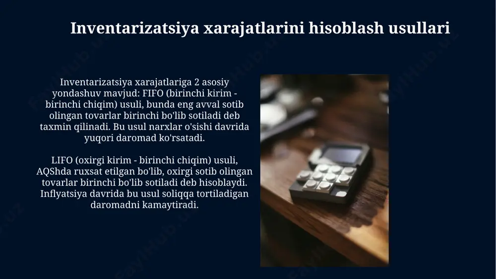 ishini anglatadi. inventarizatsiyani hisobga olishga kirish inventarizatsiya – bu aktivlar, majburiyatlar va xususiy kapitalni aniqlash uchun mol-mulkni kamida bir marta yilda ro'yxatga olish. odatda, aktivlar inventory ro'yxatdan o'tkaziladi. inventarizatsiyani hisobga olishga kirish inventarizatsiyani baholash inventarizatsiya baholash, 2023-yilda o'zbekiston respublikasi soliq kodeksining 23-bobiga muvofiq amalga oshiriladi, bunda xarajatlar 10% dan ortiq o'zgarganda qayta baholash zarur bo'lishi mumkin. inventarizatsiya baholash natijalari korxonaning balansida aks etadi, bunda inventar aktiv sifatida ko'rsatiladi va uning qiymati sotilgan tovarlar tannarxini (cogs) hisoblashda muhim rol o'ynaydi. past xarajat yoki bozor qiymati qoidasi ushbu qoida buxgalteriya hisobining ehtiyotkorlik prinsipiga mos keladi. agar bozor qiymati original xarajatdan past bo'lsa, inventarizatsiya qiymati kamaytirilib, zarar hisobotda tan olinadi. inventarizatsiyani baholashda qo'llaniladigan "past xarajat yoki bozor qiymati" qoidasi, aktivni ikki qiymatdan, masalan xarajat yoki bozor qiymatidan eng pastini qayd etishni nazarda tutadi. e'tiboringiz uchun rahmat @taqdimot_robot image5.jpg image6.jpg image7.jpg image8.jpg image9.jpg image10.jpg image11.jpg image12.jpg image13.jpg image14.jpg image15.jpg image16.jpg image17.jpg image18.jpg image19.jpg image20.jpg …