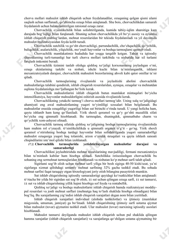 tlari soni 2 ming 443 taga yetkazildi. 17.1-jadval 0‘zbekiston respublikasi barcha toifadagi xo‘jaliklarda asosiy turdagi chorvachilik mahsulotlari ishlab chiqarish mahsulot turi 0‘lchov birligi 2000 u 2005 u 2006 u 2007y 2008 u 2009 u 2009yilda 2000 yilga nisbatan,% go‘sht (tirik vaznda) mingt 841,8 1061,2 1139,4 1208,6 1287,9 1367,7 162,5 sut mingt 3632,5 4554,9 4855,6 5097,4 5426,3 5779.0 159,1 tuxum mln. dona 1254,4 1966,7 2128,1 2220,4 2429,0 2715,9 216,5 jun toirna 15849,0 20081,0 21436,0 22483 23779 24980 157,6 karakul terisi ming dona 747,6 688,8 726,6 781,0 896,8 897,9 120,1 pilla mingt 16,5 16,2 20,2 21,5 23,5 24,0 145,5 keyingi 5 yilda zoovetpunktlar orqali pullik xizmat ko‘rsatish 6 barovarga osliib, 2009 yilning o‘zida 6 mlrd. 300 mln so‘mni tashkil etdi. shu davr ichida sigir va tanalami sun’iy urug‘lantirish 10 barobarga oshib, 1 mln. boshni tashkil etdi. chorvachilik o‘simlikchilik bilan chambarchas bog‘liq, chunki tarmoq faoliyatining samarasi ozuqa bazasining holati bilan belgilanadi. chorvachilikda dalachilik …