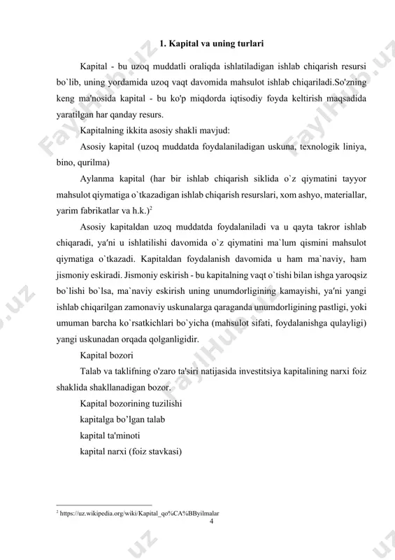 apitalini shakllantirish manbalaridan biri bo'lgan qarz mablag'larini (erkin jamg'armalarni) ta’minlaydi kapital narxi ssuda kapitalidan ma'lum muddatga foydalanganlik uchun ssuda foizlari shaklida ma'lum miqdorda pul to'lanadi. ssuda foizi - bu kapital egasiga ma'lum vaqt davomida o'z mablag'laridan foydalanganlik uchun to'lanadigan narx. ssuda foizlari odatda yil uchun foiz stavkasida ifodalanadi. investitsiya - daromad olish uchun qo`yiladigan kapital mablag`.investitsiyalash - bu kapitalni yaratish yoki kapital zahirasini to`ldirish jarayonidir. yalpi investitsiya-kapital zahirasining umumiy o`sishidir.qoplash - asosiy kapitalning ishdan chiqqan qismini almashtirish. sof investitsiya - yalpi investitsiyadan qoplash uchun sarflanadigan mablag`ni ajratgandan keyingi qolgan qismi. sof investitsiya = yalpi investitsiya - qoplash agar yalpi investitsiya qoplashdan yuqori bo`lsa, sof investitsiya musbat bo`ladi (bu holda kapital ko`payadi va ishlab chiqarish kengayadi). agar yalpi investitsiya qoplashdan kichik bo`lsa, sof investitsiya manfiy bo`ladi (mavjud kapital kamayib boradi). va nihoyat, yalpi kapital qoplashga teng bo`lsa, kapital hajmi o`zgarmaydi (bu holda kapital oddiy takror ishlab chiqarilmaydi). qisqa muddatli loyihalarni (qisqa …