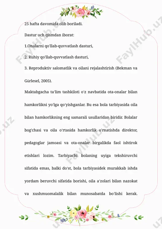 m masalalar birgalikda muhokama qilinishi taqozo etiladi. masalan: • bolalarni tarbiyalashda oilaning roli, ota-onalarning vazifasi to‘g‘risidagi qonunlar, bolalarni maktabga tayyorlash haqida; • maktabgacha tarbiya tashkilotlariining yillik ish rejasi to‘g‘risida; • ota-onalar jamoatchiligining ishi haqidagi masalalar shular jumlasidandir. bu masalalarni jamoa bo‘lib muhokama qilish uchun ota-onalarning guruhi va umumiy majlislari, maslahatlar, konferensiyalar, ota-onalar kechalari kabi ish shakllari jamoa ish shakllariga kiradi. tarbiyachilar bola tarbiyasini shakllantirishda oila tarbiyasiga chambarchas bog‘laydilar. abdulla avloniy bola tarbiyasini nisbiy ravishda quyidagi to‘rt bo‘limga ajratadi: 1. “tarbiyaning zamoni”. 2. “badan tarbiyasi”. 3. “fikr tarbiyasi”. 4. “axloq tarbiyasi” haqida hamda uning ahamiyati to‘g‘risida fikr yuritadi. shunday ekan, bola tarbiyasi bir vaqtning o‘zida “maktabgacha ta’lim”, “oila” va “jamiyat” nuqtainazarida shakllanib boradi. biz oilani “davlat ichra kichik davlat”- deb ataymiz. unda yangi inson, ya’ni davlatning yangi bir vakili dunyoga keladi. kichik davlat - oila esa bu inson uchun dastlabki hayot dorilfununi bo‘ladi. shu sababli ota - onalar farzandning birinchi o‘qituvchisi …