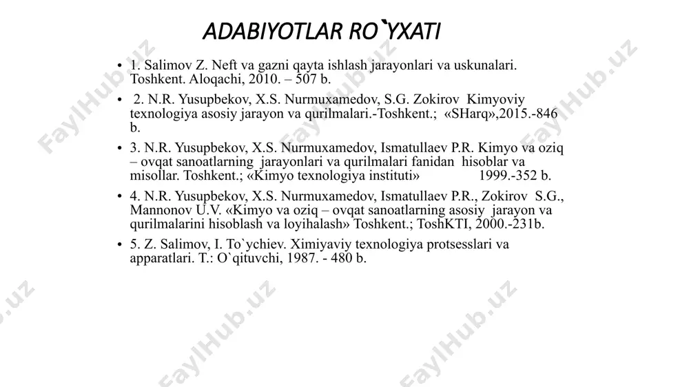 amalga oshirish uchun mo`ljallangan. mashina mashina - bu energiya yoki materialni o`zgartirish uchun mexanik harakat bajaruvchi qurilmadir. “oziq-ovqat injiniringi jarayonlari va qurilmalari” kursida asosiy jarayonlarning nazariyasi, ushbu jarayonlarni amalga oshiruvchi mashina va qurilmalarning tuzilishi va ishlash prinsipi hamda hisoblash uslublari o`rganiladi. zamonaviy ishlab chiqarish jarayonlarini loyihalashda “jarayonlar va qurilmalar” kursining ahamiyati juda katta. “jarayonlar va qurilmalar” kursi bakalavrlarni tayyorlashda umummuhandislik fani bo’lib, mutaxassislik fanlarni o`rganishda eng muhim vazifani bajaradi. “jarayonlar va qurilmalar” fani paydo bo’lishi xviii asr oxiri va xix asr boshlanishiga to`g`ri keladi. 1828 yilda prof.f.a.denisov kimyo sanoatining turli sohalarida qo’llaniladigan asosiy jarayonlar va qurilmalarning umumiy qatori to`g`risidagi g`oyani ilgari surdi. keyinroq d.i.mendeleyev kimyoviy jarayonlar klassifikatsiyasini ishlab chiqdi. fanning rivojlanish tarixi xix asr oxirida sankt-peterburg texnologiya institutida prof.a.k.krupskiy “asosiy jarayonlar va qurilmalarni hisoblash va loyihalash” fanidan ma’ruza oqiy boshladi. prof.i.a.tishenko ushbu fandan moskva oliy texnika universitetida ma’ruza oqiy boshladi. 1923 yili aqsh olimlari uoker, lyuis va mak-adamslarning “jarayon va …