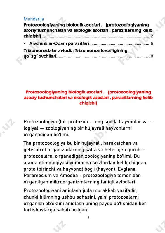gi asosiy tadqiqotlarga bag'ishlangan integral fan hisoblanadi. guruhning ta'rifi bo'yicha tortishuvlar davom etar ekan, so'nggi tadqiqotlar tasniflash uchun asos yaratadigan uzoq vaqtdan beri davom etayotgan muammolarni hal qilishda davom etmoqda. shunday qilib, hozirgi paytda neftni qidirish yoki bioremediatsiya qilish kabi juda dolzarb masalalar hal qilinmoqda. birinchi kuzatuvlar va tavsiflar protozoa haqidagi dastlabki kuzatuvlar va tavsiflar 17- asrning ikkinchi yarmida tabiiy olamni kuzatish uchun oddiy mikroskoplar qurgan gollandiyalik tabiatshunos a. van lyuvenxukga tegishli. protozoy organizmlarning birinchi sistematik ta'rifi daniyalik olim o. f. myuller tomonidan 1786 yilda qilingan. 4 1818 yilda georg goldfuss ibtidoiy deb hisoblagan bir hujayrali organizmlarni guruhlash uchun protozoan atamasini taklif qildi. 1841 yilda dyujardinning sarkodaga oid tadqiqotlari (keyinchalik protoplazma deb atalgan) hujayra tuzilishini talqin qilishga imkon berdi, bu keyinchalik protozoa bir hujayrali organizm ekanligini tushunishni osonlashtirdi. 1880-1889 yillarda otto bütschli protozoa haqida uchta jildni nashr etdi, bu unga zamonaviy protozoologiyaga tuzilma berish orqali protozoologiya me'mori malakasini oldi. protozoologiya …
