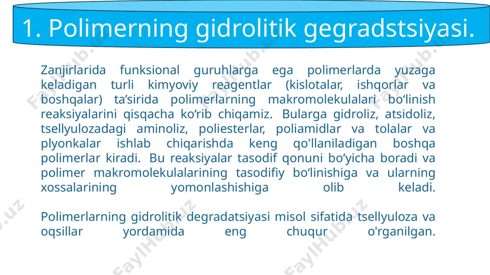 adi. kimyoviy parchalanish kislotalar, aminlar, spirtlar yoki kislorod kabi qutbli moddalar ta'sirida davom etadi.polimerlarning kimyoviy degradatsiyasining eng keng tarqalgan turi gidrolizdir - suv molekulasi qo'shilishi bilan kimyoviy bog'lanishning bo'linishi. gidroliz jarayoni vodorod yoki gidroksid ionlari tomonidan katalizlanadi. ayrim hmc larning gidrolizi tezlashadiba'zi tabiiy narsalarning mavjudligiferment katalizatorlari, tanlab-ba'zi ulanishlar ustida harakat qiladi. 3. kimyoviy yo’q qilish. gidrolizga moyillik polimerni tashkil etuvchi funktsional guruhlar va bog'lanishlarning tabiati bilan belgilanadi. funktsional yon guruhlarning gidrolizi polimerning kimyoviy tarkibini o'zgartiradi; asosiy molekulyar zanjirni tashkil etuvchi bog'larning gidrolizlanishi natijasida buzilish sodir bo'ladi va polimerning molekulyar og'irligi kamayadi. yangi hosil bo'lgan molekulalarning oxirgi guruhlari tabiatan dastlabki polimerning oxirgi guruhlaridan farq qilmaydi. yo'q qilishning past darajasida yangi hosil bo'lgan oxirgi guruhlarning ulushi shunchalik kichikki, ular polimerning kimyoviy tarkibiga ta'sir qilmaydi va polimerning xususiyatlari deyarli o'zgarmaydi. yo'q qilish darajasining oshishi bilan oxirgi guruhlarning ulushi ortadi va ularning polimer xususiyatlariga ta'siri sezilarli bo'ladi. 4. oksidlovchi degradatsiya. polimerlarning oksidlanish degradatsiyasi, garchi …