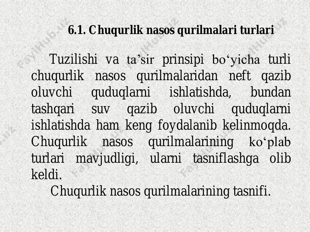 asos qurilmasi, qazib olish hajmi bo‘yicha esa markazdan qochma cho‘kma nasos qurilmasi keng tarqalgan. bu shu bilan bog‘liqki maxsuldorligi past va o‘rta quduq uchun shtangali chuqurlik nasos qurilmasi, maxsuldorligi o‘rta va yuqori quduq uchun markazdan qochma cho‘ktirma nasos qurilmasini qo’llash yaxshi samara beradi. qolgan turdagi nasos qurilmalari qazib oluvchi quduqlar fondi yoki qazib olish ko‘rsatkichi bilan taqqoslanganda shtangali chuqurlik nasos qurilmasi, yoki cho‘ktirma markazdan qochma nasos qurilmasi bilan raqobatlasha olmaydi. 6.2. shtangali chuqurlik nasoslari suvlanganligi 99%gacha, harorati 130oc, serovodorod miqdori 50 mg/l gacha, suvining minerallashganligi 10 g/l gacha bo’lgan neftli suyuqlikni quduqdan yer yuzasiga chiqarish uchun xizmat qiladi. shqn ni tavsiya qilinadiga sharoiti 6-jadvalda keltirilgan. shtangali nasosning o’rnatiladigan va quvurli turlari mavjud. o’rnatiladigan nasos shtangalari tizmasi bilan quduqqa tushirilib - olinadi. o’rnatiladigan nasosni nkq tizmasiga berkitish uchun maxsus qulfli tayanch qo’llaniladi. quvurli nasos quduqqa ikki harakat bilan joylashtiriladi. dastlab nkq tizmasida nasos slindri, keyin plunjer klapanlar bilan birgalikda nasos shtangalari …