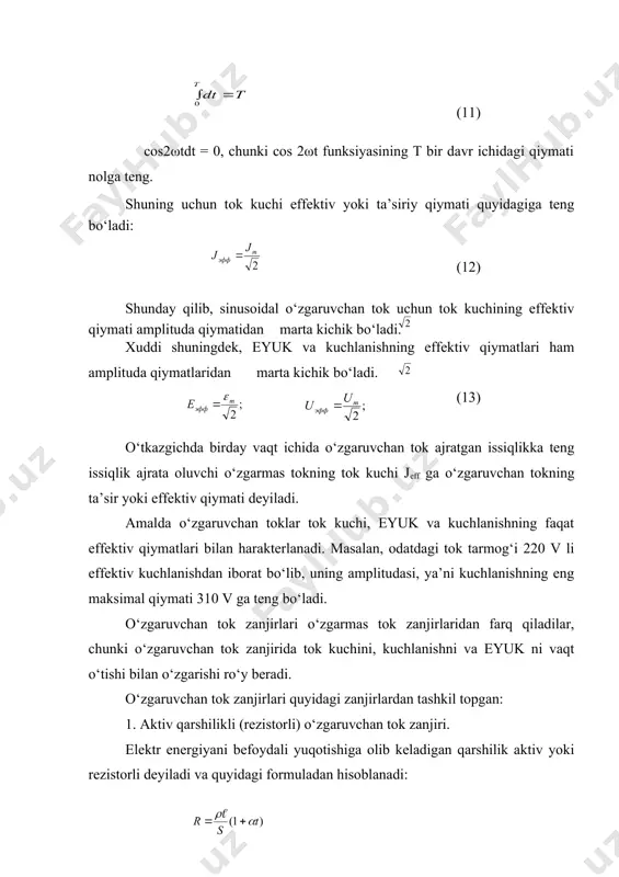 ilan, ya’ni tok kuchining, kuchlanishni va eyukni oniy qiymatlari bilan harakterlanadi. tok kuchi vaqt bo‘yicha sinusoidal o‘zgaradi: i = jmsin(ωt+α0) (3) tokning ixtiyoriy paytdagi bu qiymatiga o‘zgaruvchan tokning oniy qiymati deyiladi. tokning jm eng katta qiymatiga o‘zgaruvchan tokning amplituda qiymati deyiladi (1-rasm). o‘zgaruvchan tok manbaining eyuksi ε yoki tashqi zanjir qismidagi kuchlanishi u ham, tok kuchi singari sinusoidal qonuniyatga bo‘ysinadi: ε = εm sin(ωt+α0) (4) u = um sin(ωt+α0) (5) (3), (4), (5) formulalardan ko‘rinadiki, eyukning faza o‘zgarishi bilan tok kuchi, kuchlanishning faza o‘zgarishi bir xildir. o‘zgaruvchan tokni o‘lchashi uchun uning o‘rtacha issiqlik ta’sirini o‘zgarmas tokning issiqlik ta’siri bilan taqqoslashiga asoslangan. o‘zgarmas tok t=t vaqt ichida r qarshilikka ega bo‘lib q1 issiqlik ajratadi. q1 = j2 rt (6) o‘zgaruvchan tok ham shu vaqt ichida r qarshilikdagi q2 issiqlik ajratadi: (7) t = t vaqt ichida o‘zgarmas va o‘zgaruvchan toklar bir xil issiqlik miqdorini ajratadilar va shuning uchun: q1 = q2 …