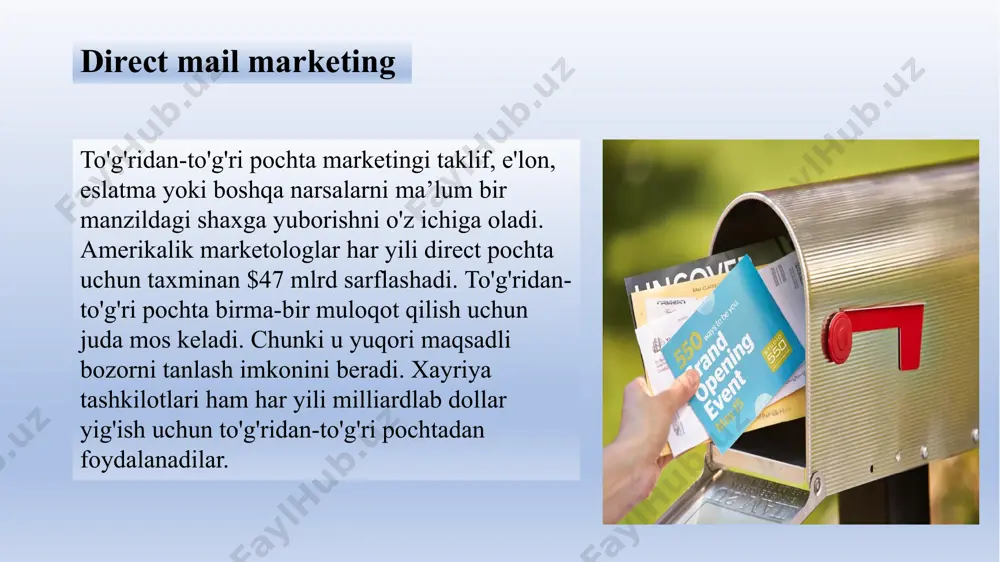 bir yoki bir nechta narsalarni sotib olishiga umid qilib, kompaniya tomonidan sotiladigan narsalar ro'yxati qog'ozda yoki onlayn platformada eslatib o'tiladi. katalog marketingi katalog jo'natuvchisi aloqa raqami, elektron pochtasi yoki katalogdagi jismoniy manzil kabi aloqa ma'lumotlarini taqdim etadi. katalogni oluvchi ushbu aloqa usullaridan biri orqali buyurtmalarni joylashtiradi. masalan, oluvchi jo'natuvchiga qo'ng'iroq qilib, o'zi xohlagan mahsulotlarga buyurtma berishi mumkin. bir nechta mahsulot ishlab chiqaradigan kompaniyalar o'z kataloglarini tayyorlaydilar va to'g'ridan-to'g'ri xaridordan buyurtma oladilar. ba'zi kataloglarda kiyim-kechak kabi bitta mahsulot toifasi mavjud bo'lsa, boshqalari turli xil tovarlar to'plamini o'z ichiga oladi. kataloglarda mahsulotlarning fotosuratlari va tavsiflari, shuningdek narxlar va buyurtma ma'lumotlari mavjud. ba'zilar buyurtma blankalari bilan birga keladi. kataloglarni chop etish eskirgandek tuyulishi mumkin, ammo garvard business review ma'lumotlariga ko'ra, 2015 yildan beri bosma kataloglarni jo'natish haqiqatan ham ko'payib bormoqda. print katalogi chop etish va pochta jo‘natmalari xarajatlarini tejash hamda chakana sotuvchilarga narxlar, mahsulotlar va aksiyalarni tezroq yangilash imkonini berish uchun ba’zi korxonalar …