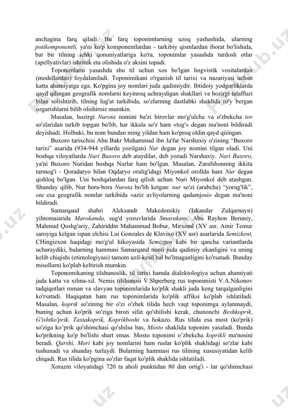 omlar xaritaning eng muhim elementi sifatida biron mamlakat yoki olka tabiatining xususiyatlarini aks ettiradi. ana shu nuqtai nazardan toponimikani geografik fanlar jumlasiga kiritish mumkin. shu bilan birgalikda, joy nomlari jamiyat tarixi bilan chambarchas bog'liq. joylarga qanday nom berish avvalo jamiyatning muayyan bosqichdagi ehtiyojlari bilan belgilanadi, joy nomlari tarixini bilmasdan turib toponimika bilan shug'ullanish kutilgan natijani bermaydi. ana shuning uchun ham toponimika tarix fanlari qatoridan o'rin oladi. demak, toponimika uchta katta soha: tilshunoslik, geografiya, tarix oralig'idagi fandir. shu bois toponimikaning faktlari xarakter jihatdan xilma-xil bo'lgan lingvistik, tarixiy va geografik material jalb qilingandagina to'g'ri izohlab berilish mumkin. 2. toponimika va tilshunoslik: toponimlar til lug'at fondining bir qismidir. shu bilan birgalikda joy nomlar tilning boshqa leksik qatlamlaridan anchagina farq qiladi. bu farq toponimlarning uzoq yashashida, ularning potikomponentli, ya'ni ko'p komponentlardan - tarkibiy qismlardan iborat bo'lishida, bat bir tilning ichki qonuniyatlariga ko'ra, toponimlar yasashda turdosh otlar (apellyativlar) ishtirok eta olishida o'z aksini topadi. toponimlami …