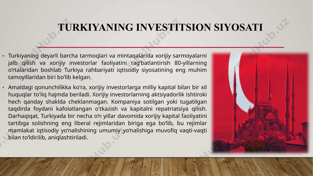 stitsiya qilingan umumiy kapitalning ulushi sifatida belgilanadi: "birinchi ustuvor yo'nalishlar"ga investitsiyalar uchun 60% "ikkinchi ustuvor yo'nalishlar"ga investitsiyalar uchun 50% "normal hududlar"ga investitsiyalar uchun 40% "rivojlangan" investitsiyalar uchun. hududlar" 30% kemasozlik, yangi texnologiyalar, atrof-muhitni muhofaza qilish loyihalariga investitsiyalar uchun 50% hunarmandchilikni qo'llab-quvvatlash loyihalariga investitsiyalar uchun 25%. erkin savdo zonalari chet el kapitalining turkiya iqtisodiyotiga kiritilishi, shuningdek, erkin iqtisodiy zonalar (eiz) hududida xorijiy va milliy kapital ishtirokida yoki toʻliq xorijiy investorlarga tegishli boʻlgan qoʻshma kompaniyalarni tashkil etish orqali ham mumkin. bu zonalardan boshqa davlatlarning eksportchilari ham eksport qilinadigan tovarlarni bojsiz olib o‘tish va tarqatish uchun foydalanishlari mumkin. turkiyaning erkin iqtisodiy zonalarida har qanday turdagi tadbirkorlik faoliyati: ishlab chiqarish, saqlash, qadoqlash, savdo, bank faoliyatiga ruxsat beriladi va rag'batlantiriladi. zonalarda zarur infratuzilma, imtiyozli shartlar asosida ijaraga beriladigan ofislar, ustaxonalar, omborlar va boshqalar uchun binolar mavjud. bundan tashqari, erkin iqtisodiy zonalarni rag‘batlantirish tadbirkorlik faoliyati uchun imtiyozli rejim bilan ta’minlanadi: turkiyaning erkin iqtisodiy zonalarida har qanday …