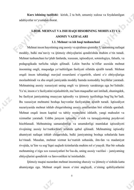 ning turmush darajasi va farovonligini belgilaydi. mehnatning samarali tashkil etilishi, xususan, zamonaviy iqtisodiyotda juda muhim. ishlab chiqarish jarayonining takomillashuvi, texnologiyalarni joriy etish, ishchi kuchining malakasini oshirish mehnat unumdorligini oshiradi va shu orqali iqtisodiy o‘sishni rag‘batlantiradi. shu bilan birga, mehnat sharoitlarini yaxshilash, mehnat qonunlariga rioya qilish, mehnat muhofazasi va xavfsizligini ta’minlash insonlarning sog‘ligi va unumdorligini saqlashda katta rol o‘ynaydi. mehnatning iqtisodiy va ijtimoiy ahamiyatiga qo‘shimcha ravishda, uning madaniy va ma’naviy jihatlari ham bor. mehnat insonni intizomga, mas’uliyatga o‘rgatadi, unga o‘zining qobiliyatlarini sinash va rivojlantirish imkonini beradi. shu bilan birga, mehnat insonning ma’naviy kamoloti, uning jamiyatda hurmatga sazovor bo‘lishi uchun asos bo‘lib xizmat qiladi. har qanday jamiyatda mehnat qiluvchi shaxsning mavqei, obro‘si yuqori bo‘ladi. mehnat faoliyatining samarali tashkil etilishi va ish haqi tizimining adolatli bo‘lishi jamiyat taraqqiyoti uchun muhim shart hisoblanadi. ishchilarni munosib ish haqi bilan ta’minlash, ularning huquq va manfaatlarini himoya qilish, mehnat sharoitlarini yaxshilash davlat siyosatining ustuvor yo‘nalishlari bo‘lishi lozim. …