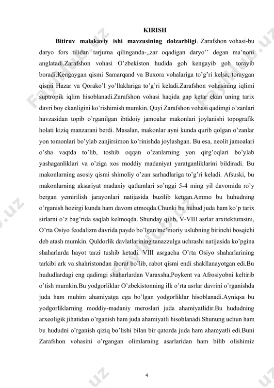 iklarning o’rni ham juda muhim o;rin egallaydi.bu huhudlarni o’rganishda ko’p yillar davomida i.axrarov, , x.g. oxunboboyev, l.i. albaum, l.g. brusenko, yu.f. buryakov, e.yu. yuryakova, o.n. inevatkina, i.d. ivaniskiy, s.k. kabanov, t.i. lebedova, n. raximboboyeva, sh. shoraximov, m.k. pachos, m.i. filanovich va boshqalar ishtirok etadi bitiruv malakaviy ishining maqsad va vazifalari. ishning maqsadi – zarafshon vohasining ilk o’rta asrlar davri arxeologiyasinin ilmiy jihatdan o’rganish va bu huhudlarda joylashgan arxeologik jihatdan chuqur o’rganish va bu huhuddan topilgan arxeologik topilmalarni o’rganishdan iborat. bitiruv malakaviy ishning vazifalari quyidagilardan iborat. 1.zarafshon vohasining ilk o’rta asrlar davrida madaniy va umumiy ijtimoiy-sisosiy holatini yoritish. 2.ushbu davrga oid me’moriy inshoatlar – saroylar, maqbaralar, devoriy tasvirlar , sopol buyumlarni o’rganish. 3. zarafshon vohasining ilk o’rta asrlar davrining mahalliy va boshqa olimlar tomonidan o’rgalinishi . 4. ushbu hududda joylashgan ilk o’rta asrlar davriga oid bo’lgan barcha yodgorliklarni asrab avaylash borasida ishlarni olib boorish. 5.ushbu hududdagi ilk o’rta asrlar davrini butun …