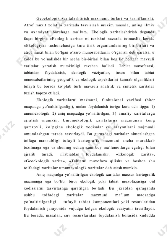 jixatdan qaraganda ushbu toifadagi xaritalar mazmuni ma’lum maqsadga yo’naltirilganligi tufayli tabiat komponentlari yoki resurslaridan foydalanish jarayonida vujudga kelgan ekologik vaziyatni tavsiflaydi. bu borada, masalan, suv resurslaridan foydalanish borasida xududda tarkib topgan ekologik axvol va u bilan bog’liq boshqa jarayon va xodisalar umumlashgan xolda xaritada aks ettiriladi. albatta, asosiy xaritada suv resursidan foydalanish va uning ekologik xamda ijtimoiy-iqtisodiy oqibatlari, ayrim xarita-kesmalarda asosiy xaritani mazmunini to’ldirish maqsadida ba’zi xodisalar tasvirlanadi. bu guruxdagi ekologik xaritalar ma’lum tabiat resurslaridan foydalanish natijasida tarkib topgan axvol (vaziyat) ni tasvirlashga qaratilganligi tufaili mutaxassislar uchun u integral baxolashga xizmat qiladi. amaliy ekologik xaritalar mazmunan tegishli ekologik vaziyatlarni yaxshilashga xizmat qiladi. kartografik jixatdan va o’z oldiga qo’ygan aniq maqsadiga kura bu toifadagi xaritalar sintetik va analitik guruxlarga bo’linadi. sintetik ekologik xaritalar mazmunan ancha boy, ularda xisob-kitob natijalari olingan ko’rsatkichlar, mezonlar, me’yoriy ma’lumotlar, kuzatish asosida erishilgan jamlama ma’lumotlar, tajribaviy va dala axborotlari maxsus kartografik shartli belgilar asosida tasvirlanadi. shuni aloxida …