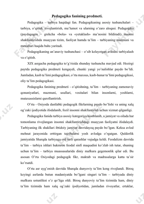 a madrasalarga katta ta’sir ko’rsatdi. o’rta asr uyg’onish davrida sharqda dunyoviy ta’lim keng rivojlandi. biroq keyingi asrlarda butun madaniyatda bo’lgani singari ta’lim – tarbiyada diniy mafkura ustunlikni o’z qo’liga oldi. biroq dunyoviy ta’lim tizimida ham, diniy ta’lim tizimida ham xalq og’zaki ijodiyotidan, jumladan rivoyatlar, ertaklar, masallardan fozil inson tarbiyasida foydalanildi. xalq og’zaki ijodiyotidagi fikrlarni ijtimoiy ong va axloqni shakllantirishda qo’llash samarali natija berishi zamonaviy pedagogika tomonidan tan olindi. pedagogika - tarbiya haqidagi fan. pedagogikaning fan sifatida shakllanishi yosh avlodni hayotga tayyorlash, ular tarbiyasini samarali amalga oshirish ehtiyojlaridan kelib chiqadi. bu ehtiyoj tarbiya borasida orttirilgan tajribalar to’plangandan keyin o’sha tajribalarni umumlashtirish, yoshlar tarbiyasi haqida qonun – qoidalarni ishlab chiqarish zaruratini taqozo etadi. qadimdan inson tarbiyasiga oid bo’lgan fikrlar xalq maqollarida, afsonalarda, dostonlarda o’z ifodasini topgan. «alpomish», «to’maris», «kalila va dimna», «siyosatnoma», «qutadg’u bilig», «devoni lug’atit turk» kabi doston, masal va ertaklarda rostgo’ylik, ota – onaga hurmat – ehtirom, vatanparvarlik, insonparvarlik kabi …