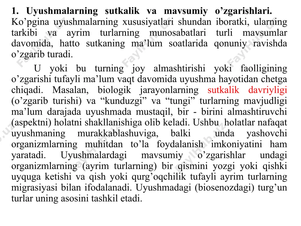 oy davom etadi. shunga binoan, tropik dengizlarda va arktikada plankton organizmlarning mavsumiy dinamikasida faqat 1 ta maksimum qayd qilinsa, mu’tadil iqlimli kengliklardagi dengizlarda esa 2 ta kuzatiladi. issiq, iliq va sovuq iqlimli dengizlarda organizmlar yil davomida sodir bo’ladigan generasiyalar (avlod qoldirishi) bilan ham farq qiladi. masalan, arktika sharoitida plankton holda hayot kechiruvchi ko’pgina eshkak oyoqli qisqichbaqasimonlar (copepoga-calanus) bitta, ayrim hollarda 2 ta generasiya beradi, mu’tadil iqlim sharoitida ular 4-6 ta, tropikda esa yil davomida ko’payadi. chuchuk suv havzalarida ham plankton va bentos hayvonlari dengiz plankton va bentos hayvonlari kabi o’zgarish xususiyatlariga ega. bir tipdagi uyushmaning boshqasi bilan almashinuvi suksessiya deyiladi. suksessiyalar muhitning o’zgarishlari oqibatida sodir bo’lsa, uning amalga oshishi esa tashqi va ichki sabablarga bog’liq bo’ladi. agar uyushmada tub o’zgarishlarga sabab bo’lgan ta’sir etuvchi omillar vaqtincha bo’lsa, uyushmaning dastlabki holati qayta tiklanadi. bordi-yu, ta’sirni yuzaga keltiruvchi omillar uzoq vaqt davomida ta’sir etib tursa, uyushma ham dastlabki ko’rinishiga qaytmasdan, o’zgargan holatda …