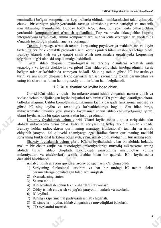 lgilanadi. xususiyatlari va loyiha bosqichlari gibrid icni ishlab chiqish - bu mikrosxemani ishlab chiqarish, nazorat qilish va saqlash uchun mo'ljallangan loyiha hujjatlari to'plamini (cd) yaratishga qaratilgan chora-tadbirlar majmui. ushbu kompleksning mazmuni kichik darajada funktsional maqsad va gibrid ic ning loyiha va texnologik ko'rsatkichlariga bog'liq. shu bilan birga, mikrosxemalar umumiy yoki shaxsiy foydalanish uchun ishlab chiqilayotganiga qarab, ularni loyihalashda bir qator xususiyatlar hisobga olinadi. umumiy foydalanish uchun gibrid iclarni loyihalashda , qoida tariqasida, ular alohida mikrosxema turini emas, balki ic seriyasining to'liq tarkibini ishlab chiqadi. bunday holda, radioelektron qurilmaning mantiqiy (funktsional) tuzilishi va ishlab chiqarish jarayoni hal qiluvchi ahamiyatga ega. radioelektron qurilmaning tuzilishi seriyaning funktsional tarkibini belgilaydi, ya'ni. ishlab chiqilayotgan ic turlarining soni. shaxsiy foydalanish uchun gibrid iclarni loyihalashda , har bir alohida holatda, ma'lum bir elektr zanjiri va texnologiya imkoniyatlariga muvofiq mikrosxemalarning alohida turlari ishlab chiqiladi. texnologik jarayonning ma'lumotlari (uning imkoniyatlari va cheklovlari), texnik talablar bilan bir qatorda, icni loyihalashda …