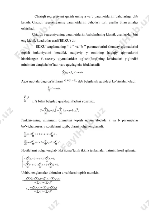 quyidagi ifadani yozamiz, funktsiyaning minimum qiymatini topish uchun ifodada a va b parametrlar bo’yicha xususiy xosilalarni topib, ularni nolga tenglanadi. hosilalarni nolga tenglab ikki noma’lumli ikkita tenlamalar tizimini hosil qilamiz; ushbu tenglamalar tizimdan a va blarni topish mumkin. topilgan parametrlarni mos ravishda va deb belgilaymiz. shu va qiymatlarda shart bajariladi. 3. .oilalarning yillik daromadi va iste'mol qilingan qand mahsulotlari haqida quyidagi ma'lumotlar berilgan: oilalarning yillik daromadi mln. so’m 470 гача 470-500 500-530 530-560 560-590 590-620 620-650 650 ва ундан юқори qand mahsulotlari iste’moli kg 24 29 35 42 46 45 42 43 bu ma'lumotlar asosida quyidagilarni aniqlang: 1) regressiya tenglamasi parametirlari, korrelatsiya indeksi. 2) fisherning f-mezoni? xulosalar bering. dastavval jadval tuzib olamiz: y x yx x2 y2 1 455 24 10920 576 207025 2 485 29 14065 841 235225 3 515 35 18025 1225 265225 4 545 42 22890 1764 297025 5 575 46 26450 2116 330625 6 605 45 …