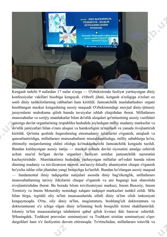 o'zaro hurmatga asoslangan munosabatlarni shakllantirish bo'yicha yangi tizim joriy etildi. xususan, vazirlar mahkamasi huzurida millatlararo munosabatlar va xorijiy mamlakatlar bilan do'stlik aloqalari qo'mitasi tashkil etildi, din ishlari bo'yicha qo'mita faoliyati takomillashtirildi. uchinchidan, harakatlar strategiyasi doirasida mamlakatimizda millatlararo va konfessiyalararo muloqotni rivojlantirish borasida institutsional yondashuv yo'lga qo'yildi. jumladan, prezidentimizning 2018 yil 16 apreldagi “o'zbekiston respublikasi vazirlar mahkamasi huzuridagi din ishlari bo'yicha qo'mita faoliyatini takomillashtirish chora-tadbirlari to'g'risida”gi qaroriga muvofiq, din ishlari bo'yicha qo'mita huzuridagi konfessiya ishlari bo'yicha kengashning yangi tarkibi tasdiqlandi. kengash tarkibi 9 nafardan 17 nafar a'zoga — o'zbekistonda faoliyat yuritayotgan diniy konfessiyalar vakillari hisobiga kengaydi. e'tiborli jihati, kengash a'zoligiga a'zolari oz sonli diniy tashkilotlarning rahbarlari ham kiritildi. jamoatchilik maslahatlashuv organi hisoblangan mazkur kengashning asosiy maqsadi o'zbekistondagi mavjud diniy-ijtimoiy jarayonlarni muhokama qilish hamda tavsiyalar ishlab chiqishdan iborat. millatlararo munosabatlar va xorijiy mamlakatlar bilan do'stlik aloqalari qo'mitasining asosiy vazifalari qatoriga davlat organlarining respublika hududida joylashgan milliy madaniy markazlar va do'stlik jamiyatlari bilan …