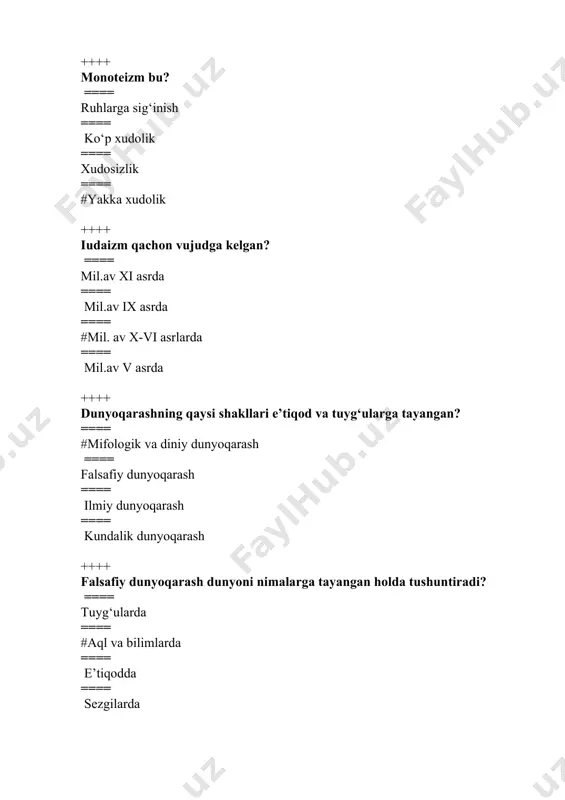 tilgan javobni aniqlang? ==== diniy urf-odatlar, an`ana va qadriyatlarni o’z vaqtida bajarish ==== diniy me`moriy, tasviriy va musiqa vositalaridan unumli foydalanish ==== #dunyoning orzu-havaslariga ortiqcha berilmay, turmush mashaqqatlariga sabr qilish va abadiy rohatga erishish ==== e`tiqod qiluvchi millat va xalqlarning adabiyot va san`atiga ta`sir o’tkazish ++++ kishilarga sabr-toqatli bo’lish, ilojsiz orzularga berilmaslikni targ’ib etuvchi dinning vazifasi qanday nomlanadi? ==== kompensatorlik va regulyatorlik vazifalari ==== integratorlik va legitimlovchilik vazifalari ==== #kompensatorlik vazifasi ==== legitimlovchilik vazifasi ++++ dinning ma`lum ijtimoiy, etnik guruh yoki millatlar ma`naviy hayotini o’z ta`siriga olish vazifasini aniqlang? ==== kommunikativ vazifasi ==== #integratorlik vazifasi ==== kompensatorlik vazifasi ==== regulyatorlik vazifasi ++++ islom dinidagi 5 mahal namoz o’qish, ro’za tutish, juma namozlarini masjidda o’qish kabilar dinning qaysi vazifasiga kiradi? ==== kommunikativ vazifasi ==== integratorlik vazifasi ==== #regulyatorlik vazifasi ==== legitimlovchilik vazifasi ++++ dinning regulyatorlik vazifasi to’g’ri ko’rsatilgan javobni aniqlang? ==== to’ldiruvchilik va tasalli beruvchilik vazifasi ==== #tartibga solish va nazorat …