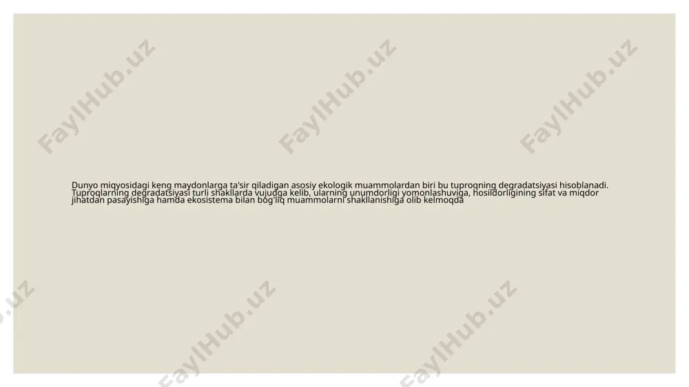 r, nitratlar qo'shiladi va fosfat o'g'itlari kadmiyning manbai hisoblanadi. haddan tashqari kimyoviy o'g'itlar tuproqlarda kislotalik va mikroorganizm populyatsiyalaridagi muvozanatni keltirib chiqarishi mumkin yomgʻir chuvalchanglari yoki yer chuvalchanglari plastiklarni, ayniqsa biopolimerlar va termoplastik polimerlardan tayyorlangan mahsulotlarni isteʼmol qilishni xush koʻrishar ekan. tuproqni tozalashda chuvalchanglardan foydalanishq chuvalchanglar plastikni yengil hazm qilar ekan. shu bois, ular koʻproq plastiklar aralash tuproqlarda yashashni afzal koʻrishar ekan. hozircha, ushbu holat umurtqasizlar salomatligi va ekotizimga qay darajada taʼsir etishi maʼlum emas xitoylik olimlar tomonidan oʻtkazilgan bir qancha tajribalar chuvalchanglarning uglevodorod va bioparchalanuvchi xom ashyolardan tayyorlangan turli xildagi plastiklarni yengil hazm qila olishini koʻrsatdi. shuni taʼkidlash joizki, tadqiqot natijalari tuproqning mikroplastik parchalari bilan ifloslanishiga qarshi kurashda yordam berishi mumkin, deb xabar beradi ekologiya va atrof-muhitni muhofaza qilish davlat qoʻmitasi matbuot xizmati. e’tiboringiz uchun raxmat!!! image2.jpg image3.jpeg image4.jpeg image5.jpeg image6.jpeg