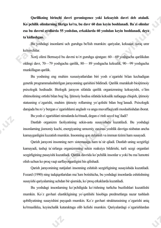 eshitish sezgirligining susayishida kuzatiladi. fozard (1990) ning tadqiqotlaridan ma`lum boiishicha, bu yoshdagi insonlarda eshitishning susayishi qariyalarning uchdan bir qismida, ko`proq erkaklarda kuzatiladi. bu yoshdagi insonlarning ko`pchiligida ko`rishning turlicha buzilishlari kuzatilishi mumkin. ko`z gavhari elastikligining yo`qotilishi hisobiga predmetlarga nazar tashlash qobiliyatining susayishini payqash mumkin. ko`z gavhari strukturasining o`zgarishi aniq ko'rmaslikka, keyinchalik kataraktaga olib kelishi mumkin. qariyalardagi o`zgarishlardan biri sifatida ko'rish o`tkirligining susayishida, mayda detallarni farqlashning qiyinchiligida namoyon bo`ladi. bunday o`zgarishlar bifokal va trifokal ko`zoynaklar bilan to`ldirilishi mumkin. qariyalarda ko`rish sezgirligining o`zgarishi ko`p jihatdan psixofizik funksiyalar dina- mikasi bilan ko`p jihatdan bog`liq. qariyalarda ranglarni ajratish ham birmuncha susayadi, faqat sariq rangni ajratish 50 yoshdan keyin ham o`zgarmaydi. ta`m bilish sezgilari ham qariyalarda qariyb o`zgarmaydi. bar- toshukning (1990) tadqiqotlaridan ma`lum bo`lishicha, shirinni sezish qobiliyati o`zgarmaydi. m. spitzer (1988) ning tadqiqotlari​dan ma`lum bo`lishicha, achchiqni sezish biroz kamayadi. ta`m bilish sezgilaridagi qator o`zgarishlar ba`zan insonning individu​al xususiyatlariga ham bog`liq bo`ladi. qariyalar ovqatdagi ba`zi komponentlarning ta`mini …