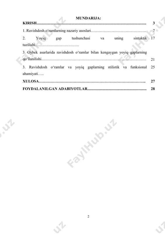gi tahlil qilinishi mumkin. ravishdosh oʻramlarning yozuvlardagi ahamiyati faqat grammatik xususiyatlar bilan cheklanmaydi. ular shuningdek, badiiy nutqning ifodalovchi qudratini oshirishga xizmat qiladi, asarlarning ma'no qatlamlarini boyitadi va o‘quvchi bilan muallif orasidagi aloqani kuchaytiradi. oybekning asarlarida bunday oʻramlar, ayniqsa, ichki mohiyatni anglashda muhim vosita sifatida ishlatilgan. shu nuqtai nazardan, ushbu mavzu, oʻzbek tilining semantik va sintaktik tuzilishini chuqurroq tahlil qilishni taqozo etadi, chunki ravishdosh oʻramlar faqat grammatik strukturani ifodalashda emas, balki adabiy san'atning muhim vositasi sifatida ham namoyon bo‘ladi. bu esa, tilshunoslik va adabiyotshunoslik sohalarida yangi ilmiy yondashuvlar va tahlillarni talab qiladi. kurs ishining maqsadi. oʻzbek tilida ravishdosh oʻramlar bilan kengaygan yoyiq gaplarning semantik jihatlarini tadqiq etishdir. oʻrganishning asosiy yo‘nalishi ravishdoshlarning grammatika va semantika tizimidagi o‘rni, ularning yozma nutqda, ayniqsa, oybekning asarlarida qanday ishlatilishini tahlil qilishdir. kurs ishining asosiy maqsadi quyidagilarni aniqlashdan iborat: 1. ravishdosh oʻramlarining tilshunoslikdagi o‘rni: oʻzbek tilida ravishdoshlarning semantik funksiyalarini va ularning gap tarkibidagi alohida o‘rnini tahlil qilish. …
