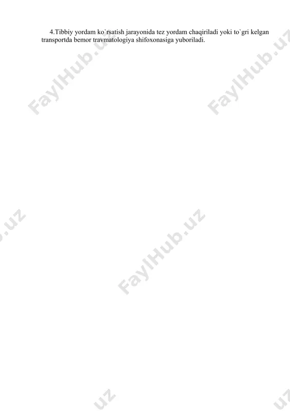 in (bittasi)-1 ml in`yeksiya qilinadi. 3.nafas to`xtagan bo`lsa, sun`iy nafas beriladi. yurak to`xtagan bo`lsa, u massaj qilinadi. 4.tibbiy yordam ko`rsatish jarayonida tez yordam chaqiriladi yoki to`gri kelgan transportda bemor travmatologiya shifoxonasiga yuboriladi. asosiy adabiyotlar. 1. bemorlarni uyda va shifoxonada parvarish qilish. f.g`. nazirov. toshkent-2003. 2. odam anatomiyasi. e.qodirov. toshkent-2003. 3. anatomiya. a.s.gusev. moskva-1970. 4. hamshiralik ishi asoslari. q.inomov. toshkent-2007. 5. xirurgiya. a.j.hamrayev. toshkent-2002. 6. xirurgiya va reanimatsiya asoslari. a.j. hamrayev. toshkent-2002. 7. bolalar kasalliklari. a.n.buraya. toshkent-1988. 8. sog`lom va kasal bola parvarishi. a.n.buraya. toshkent-1988. 9. klinikagacha bo`lgan xirurgiya. r.m.axmedov. toshkent-2001. 10. инфекционные болезни. к.в. бунин. москва-1980. 11. первая медицинская помощь в чрезвычайных ситуациях. э.икрамов 44 тошкент – 2003. 12. курс гражданской защиты. в.ф.зубков тошкент-2004