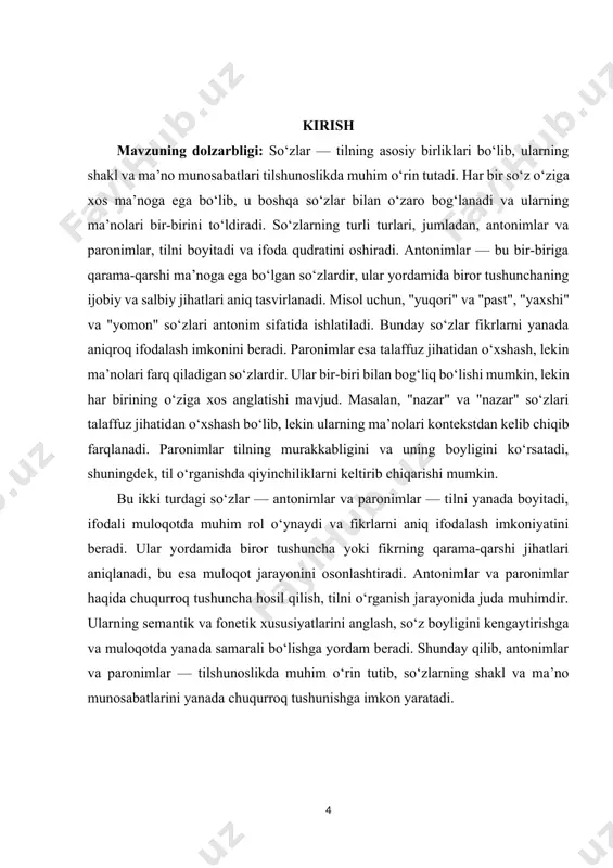 ra turlari, xususan antonimlar va paronimlar, tilshunoslikda muhim predmet sifatida qaraladi. antonimlar — bu bir-biriga qarama-qarshi ma’noga ega bo‘lgan so‘zlardir. ular tilning boyligini oshiradi va fikrlarni aniq ifodalash imkoniyatini beradi. masalan, "yaxshi" va "yomon", "yuqori" va "past" kabi antonimlar yordamida biror tushunchaning qarama-qarshi jihatlari ko‘rsatilib, muloqotda aniqroq tasavvur hosil qilinadi. kurs ishining ob’ekti: paronimlar esa talaffuz jihatidan o‘xshash, lekin ma’nolari farq qiladigan so‘zlardir. ular bir-biri bilan bog‘liq bo‘lishi mumkin, lekin har birining o‘ziga xos anglatishi mavjud. masalan, "nazar" va "nazar" so‘zlari talaffuz jihatidan o‘xshash bo‘lib, lekin ularning ma’nolari kontekstdan kelib chiqib farqlanadi. paronimlar, shuningdek, tilni o‘rganishda muhim ahamiyatga ega, chunki ular so‘zlarning ma’nolarini yanada kengaytiradi va til boyligini oshiradi. kurs ishining tarkibiy tuzilmasi:ushbu kurs ishi 3 ta bob,9 ta reja,xulosa va foydalanilgan adabiyotlardan tashkil topgan. i.bob. so‘zlarning shakl va ma’no munosabatlari 1.1. so‘zlarning shakl va ma’no o‘zgarishlari. so‘zlarning shakl va ma’no o‘zgarishlari – bu tilshunoslikda juda muhim tushuncha bo‘lib, u …