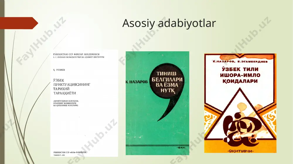 nuqta tire 22 tinish belgilarining qo‘llanish o‘rniga ko‘ra tasnifi i. gap oxirida qo‘llanuvchi tinish belgilari ii. gap ichida qo‘llanuvchi tinish belgilari nuqtali vergul, ko‘p nuqta, vergul, ikki nuqta, tire, qavs, qo‘shtirnoq nuqta, so‘roq belgisi, undov belgisi 23 tinish belgilarining tarkibidagi elementlarning miqdoriga ko`ra ko‘ra tasnifi i. bir elementli (.) ii. ikki elementli (:) iv. to`rt elementli ( “a” ) iii. uch elementli (…) 1. darak gaplardan so‘ng. masalan: qizi bir qadam berida to‘xtadi. (t.m.) nuqtaning qo‘llanish o‘rinlari 2. his-hayajon aks etmagan, so‘zlovchining orzu-istagi, iltimosi, maslahati kabilarni anglatgan buyruq gaplardan so‘ng. masalan: - kelaversin-chi, chiqmay nima qilardik. 3. qavs ichidagi remarkadan so‘ng. masalan: bilmadim, shahanshoh, bunday noshar’iy ishlarga nechuk rozilik berdi ekan. (ketadi.) 5. butunning qismlarini sanash uchun qo‘llanilgan arab raqamlaridan so‘ng. tovushlar quyidagi turlarga bo‘linadi: unli tovushlar. undosh tovushlar. 4. kishilar ismining bosh harfidan tashkil topgan qisqartmalardan so‘ng. masalan: n.b.salimov. 8. hisob-kitob ishlarida nuqta belgisidan ko‘paytiruv alomati sifatida foydalaniladi: 2 …