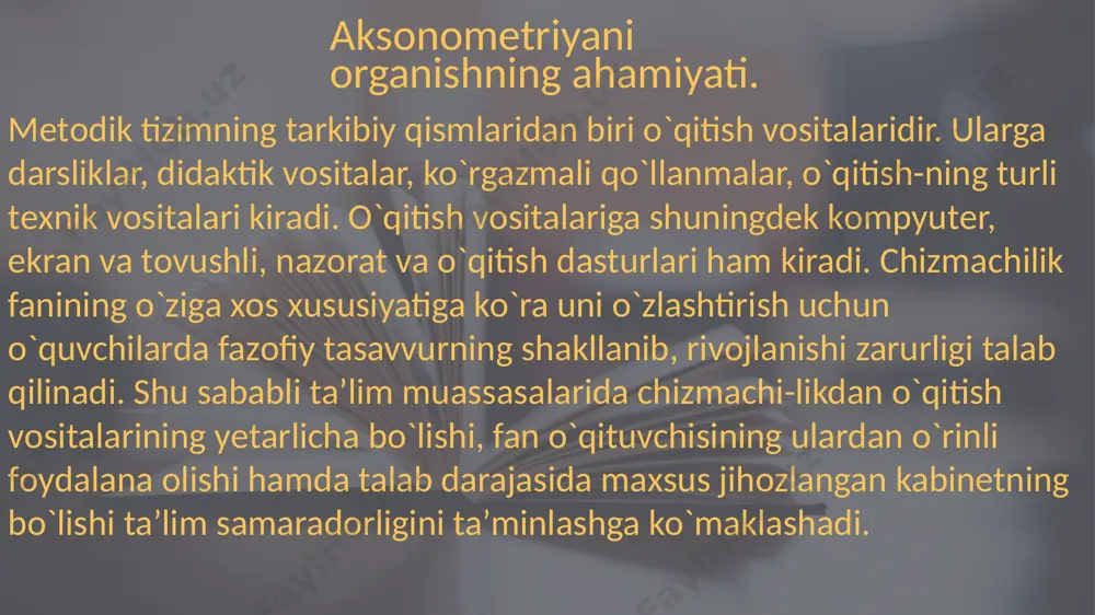 inеtida albatta dеtallarning mavzuli to`plamlari bo`lishi kеrak. оdatda umumta’lim maktablari uchun dеtallar to`plamlari оddiy gеоmеtrik jismlardan tuzilgan sоdda dеtallardan hamda tuzilishi birmuncha murakkabrоq bo`lgan tayyor ko`rinishdagi dеtallardan ibоrat bo`ladi bunga o`хshash tеmatik to`plamlar o`quvchilarda оbrazli tafakkur-ning shakllanishi va rivоjlanishiga ijоbiy ta’sir ko`rsatadi. umuman, qunt bilan tanlangan o`quv ko`rgazmali qo`llanmalar va didaktik vоsitalarning mashg`ulоtlarni to`g`ri tashkil qilishdagi ahamiyati juda katta. didaktikada ta’limning ko`rgazmalilik prinsipi asоsiy tamоyillardan hisоblanadi. etiboringiz uchun raxmat topshirdi: toeuniyazova biybinaz tekshirdi : abdreimov dastan see you tomorrow image1.jpeg image2.jpeg image3.jpeg image4.jpeg