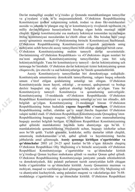essiyasida prezident islom karimov qasamyod qildi : «o’zbekiston respublikasi prezidenti lavozimini bajarishga kirishar ekanman, respublikamiz xalqlariga sadoqat bilan xizmat qilishga, fuqarolarning huquq va erkinliklariga kafolat berishga, o’zbekiston respublikasi konstitutsiyasiga qat’iy rioya etishga, zimmamga yuklangan yuksak vazifalarni vijdonan bajarishga qasamyod qilaman». islom karimov o’zbekiston respublikasining umumxalq tomonidan saylangan birinchi prezidentidir. o’zbekiston respublikasi davlat ramzlari va konstitutsiyasining qabul qilinishi davlat ramzlari o’zbekiston o’zining davlat mustaqilligini mustahkamlashga dadillik bilan kirishdi. birinchi bo’lib, davlat ramzlari belgilab olindi. o’zbekiston respublikasining davlat bayrog’i o’n ikkinchi chaqiriq o’zbekiston respublikasi oliy kengashining viii sessiyasida 1991 yil 18 noyabrda tasdiqlandi. davlat bayrog’i mamlakatimiz hududida ilgari mavjud bo’lgan g’oyat qudratli saltanatlar bayrog’iga xos bo’lgan eng yaxshi an’analarni davom ettirgan holda respublikaning tabiatiga xos bo’lgan xususiyatlarni, xalqimizning milliy va madaniy sohalardagi o’zligini ham aks ettiradi. o’zbekistonning davlat gerbi, o’n ikkinchi chaqiriq o’zbekiston respublikasi oliy kengashining x sessiyasida 1992 yil 2 iyulda qabul qilindi. gerbning markazida qanotlarini keng yozib turgan xumo qushi …