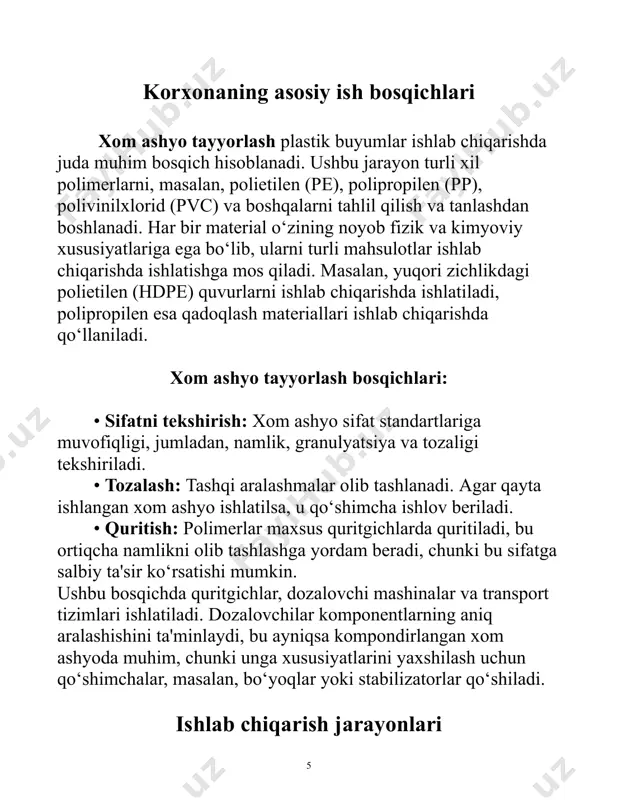 ng tashqarisidagi hududlarga yetkazib beriladi. buning uchun transport kompaniyalari yoki o‘zining transport vositalari ishlatiladi. 8 xom ashyo quritgichlari «asad plast»da xom ashyo quritgichlari — bu «asad plast»da polimer materiallarini qayta ishlashdan oldin tayyorlash uchun ishlatiladigan muhim uskuna. plastik xom ashyo, ayniqsa, qayta ishlangan materiallar, atrof-muhitdan ortiqcha namlikni yig‘ish tendensiyasiga ega. ortqacha namlik ishlab chiqarish jarayoniga salbiy ta'sir ko‘rsatishi mumkin, bu esa mikropo‘rlar, qatlamlar orasidagi yopishqoqning yomonlashuvi va tayyor mahsulotlarning mexanik kuchlanishining pasayishiga olib keladi. korxonada ishlatiladigan quritgich turlari: desikantli quritgichlar: bu qurilmalar eng ko‘p polimerlarni quritish uchun ishlatiladi, masalan, polietilen (pe), polipropilen (pp) va poliamid (pa). vakuumli quritgichlar: maxsus sezgir materiallar, masalan, poliuretanlar va past haroratda bardosh bera olmaydigan plastiklar uchun ishlatiladi. rotatsion quritgichlar: davomli material etkazib berish uchun samarali. issiq havo quritgichlari: konstruktsiyasi eng oddiy bo‘lib, materialni keyingi ishlovdan oldin quritadi. quritish jarayoni: xom ashyo yuklash: xom ashyo (granulalar, qoldiqlar yoki kukun) quritgichning bunkeriga yuboriladi. namlikni o‘lchash uchun gigrometrlar …
