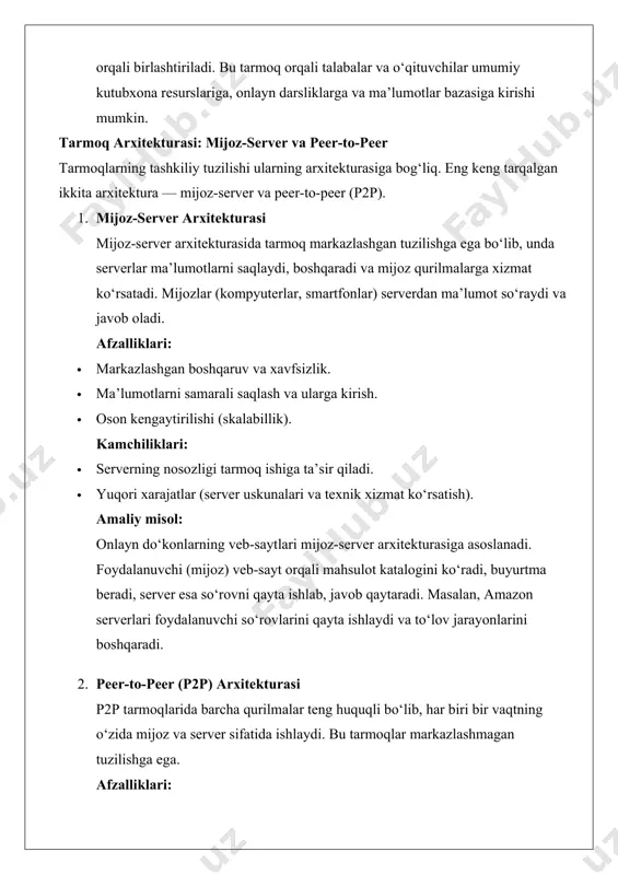 a’lumotlarni uzatish va xavfsizlikni ta’minlashda muhim rol o‘ynaydi. switch, router, modem va hub 1. switch switch (kommutator) bir tarmoq ichidagi qurilmalarni bir-biriga ulaydi va ma’lumotlar paketlarini faqat kerakli manzilga yo‘naltiradi. u mac-manzillarni tahlil qilib, ma’lumotni to‘g‘ri qurilmaga yetkazadi. xususiyatlari: · ma’lumot uzatishda yuqori samaradorlik. · tarmoq trafigini optimallashtirish. · ko‘p portli (8, 16, 24 yoki undan ko‘p). amaliy misol: ofisdagi lan tarmog‘ida switch 10 ta kompyuterni bir-biriga ulaydi. agar bir xodim faylni boshqa xodimga yuborsa, switch ma’lumotni faqat kerakli kompyuterga yo‘naltiradi, bu tarmoq trafigini kamaytiradi. 2. router router tarmoqlar o‘rtasida ma’lumot uzatishni ta’minlaydi, masalan, lan va wan tarmoqlarini bog‘laydi. u ip-manzillarga asoslanib, ma’lumot paketlarini to‘g‘ri yo‘naltiradi. xususiyatlari: · tarmoqlar o‘rtasida marshrutlash. · xavfsizlik devorlari (firewall) va nat (network address translation) funksiyalari. · wi-fi ulanishini ta’minlash (agar simsiz router bo‘lsa). amaliy misol: uyda wi-fi router internetni modem orqali oladi va uni smartfonlar, noutbuklar va smart-tv kabi qurilmalarga tarqatadi. router ip-manzillarni boshqarib, …