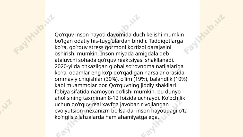 moiy va ma'naviy muammolari tasvirlangan. har bir qism o‘z ichiga turli hayotiy voqealar va ijodiy yechimlarni oladi. dastlab 1960-yillarda sahnalashtirilgan "afsus" bugungi kungacha dolzarbligini yo‘qotmagan. asarning asosiy maqsadi tomoshabinlarni o‘z hayotlari haqida chuqur o‘ylashga undashdir. "afsus" spektakli o‘yin va musiqa orqali tomoshabinlarga yetkaziladi, har bir qismda muallifning chuqur falsafasi va voqealarni hajmli tasvirlash uslubi namoyish etiladi. ... t.me/slaydai_bot 13. tashvish 13. tashvish mavzusi bo'yicha axborot quyidagicha bo'lishi mumkin: tashvish (anksiyete) — bu odamning kelajakdagi noma'lum voqealar haqida xavotir yoki qo'rquv hissini boshdan kechirishi. dunyo aholisining 4-5% qismi bezovtalik buzilishlaridan aziyat chekadi. tashvish buzuqliklari turlicha namoyon bo'lishi mumkin, jumladan, umumiy tashvish buzuqligi, ijtimoiy tashvish buzuqligi va panika hujumlari. statistikaga ko'ra, ayollar o'rtasida tashvish buzilishlari erkaklarga qaraganda ikki baravar ko'p uchraydi. odatda, tashvish buzilishlari o'smirlik davrida yoki 20-30 yoshlar oralig'ida boshlanadi. agar tashvish inson hayotining turli sohalariga ta'sir etsa, bu holat terapiya yoki dori-darmonlar orqali davolanishi mumkin. emotsiyaning umumiy turlari j e'tiboringiz …