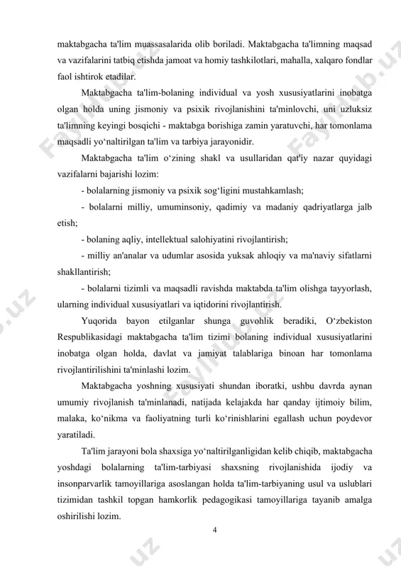 agi bolalarning ta'lim-tarbiyasi shaxsning rivojlanishida ijodiy va insonparvarlik tamoyillariga asoslangan holda ta'lim-tarbiyaning usul va uslublari tizimidan tashkil topgan hamkorlik pedagogikasi tamoyillariga tayanib amalga oshirilishi lozim. pedagogik hamkorlikning asosiy holatlari-ta'limga tarbiyachi va bolaning o‘zaro ijodiy hamkorligi sifatida munosabat; majburlamasdan o‘qitish; qiyin maqsad g‘oyasi (bolaning oldiga murakkab maqsad qo‘yiladi va uni yengib o‘tishiga ishonch hissi singdiriladi); tayanchdan foydalanish (tayanch signallar); o‘z-o‘zini tahlil qilish (bolalar faoliyati natijalarini yakka tartibda va jamoa bo‘lib muhokama qilish); erkin tanlov (tarbiyachi tomonidan ixtiyoriy ravishda bolalarning o‘quv dasturini yaxshiroq o‘zlashtirishlarini maqsad sifatida belgilab o‘qitish vaqtini tanlashi); guruhning intellektual foni (o‘qitishning mazkur bosqichida ahamiyatli hayotiy maqsadlarni qo‘yish va tarbiyalanuvchilar tomonidan dasturga nisbatan kengroq bilimlar egallash); shaxsga yo‘naltirilgan ta'lim, tarbiyachi va ota-onalar hamkorligi. ta'limning natijalari bolada hozirjavoblik, mehribonlik, muloqotchanlik, rostgo‘ylik, haqiqatparvarlik, maqsad sari intilish, tashabbuskorlik, dadillik, tashkilotchilik, mehnatsevarlik, javobgarlikni his qilish, ziyraklik, vazminlik, mardlik, mustaqillik, ishchanlik, kuzatuvchanlik, topqirlik kabi shaxsiy fazilatlarning o‘zgarishida namoyon bo‘ladi. ta'lim orqali inson va fuqaroning zamonaviy …